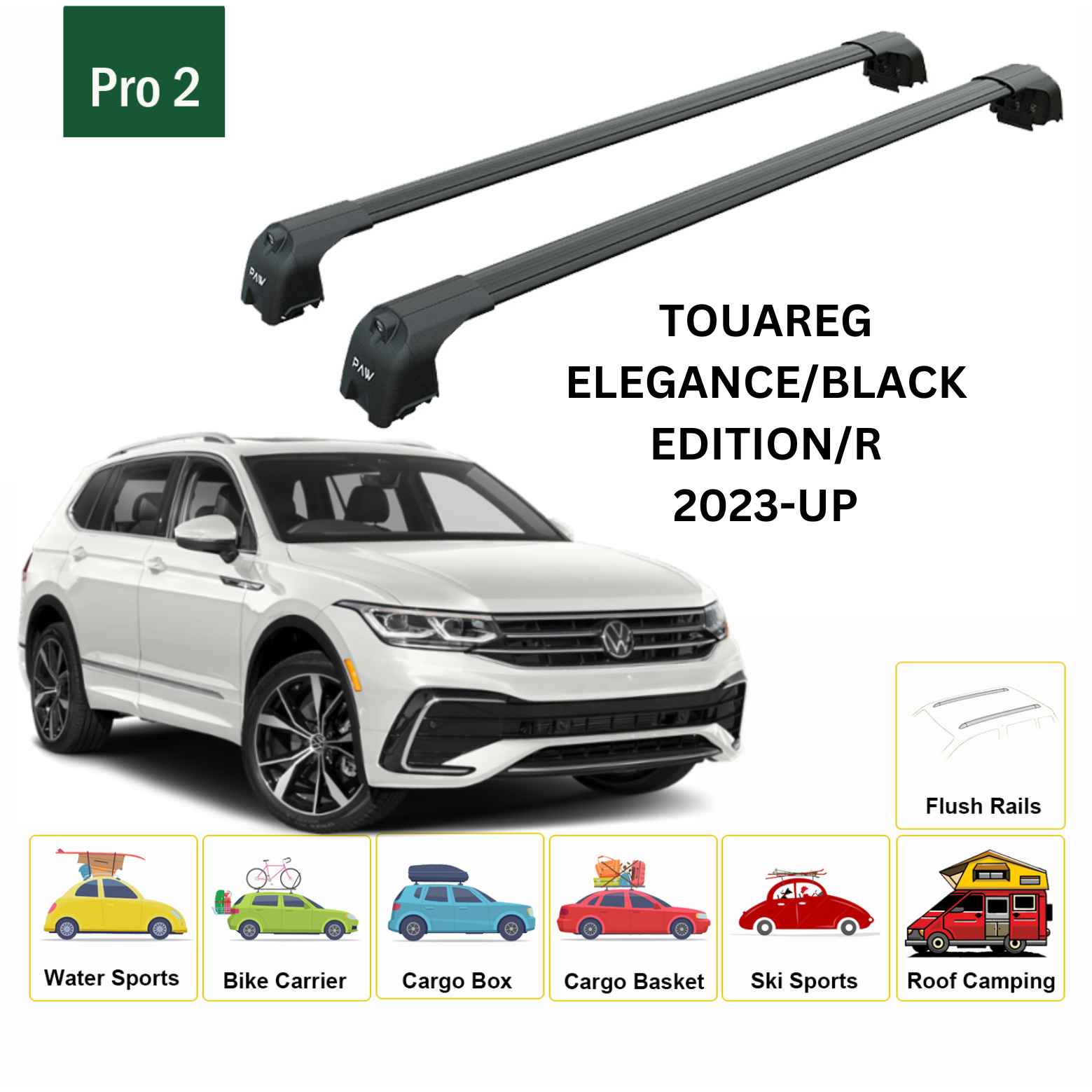 For Volkswagen Touareg 2023-Up Roof Rack Cross Bar Flush Rail Alu Black