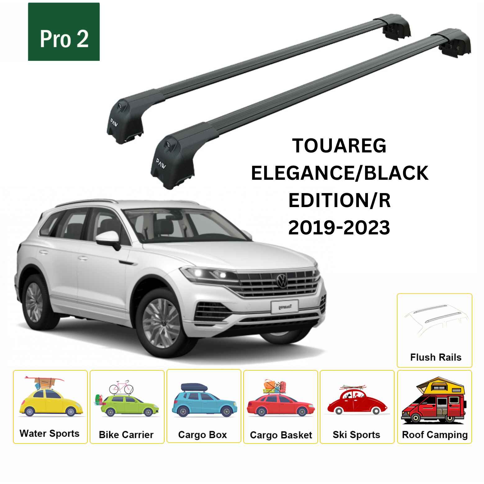 For Volkswagen Touareg 2019-23 Roof Rack Cross Bar Flush Rail Alu Black - 0