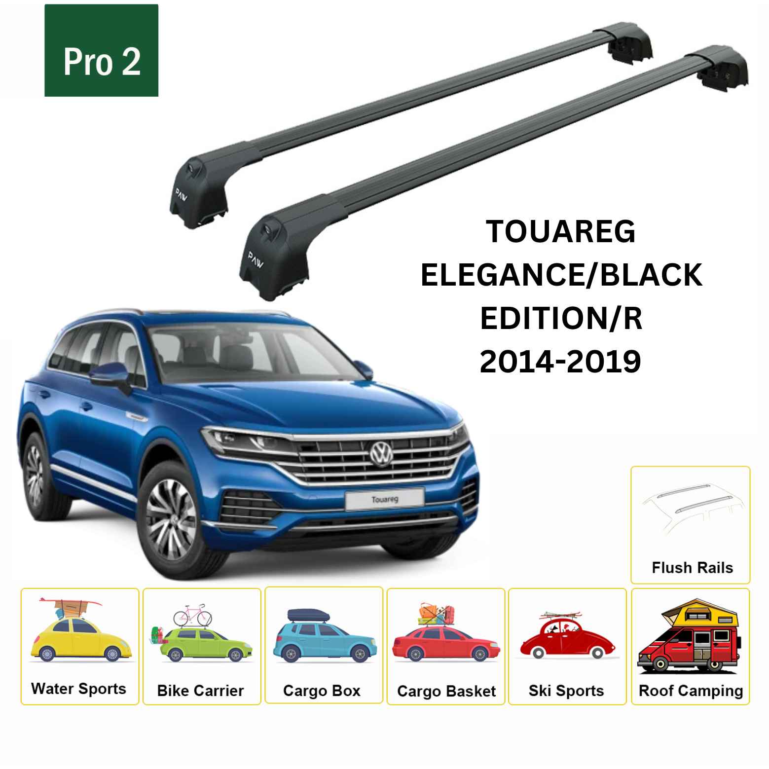 For Volkswagen Touareg 2014-19 Roof Rack Cross Bar Flush Rail Alu Black - 0