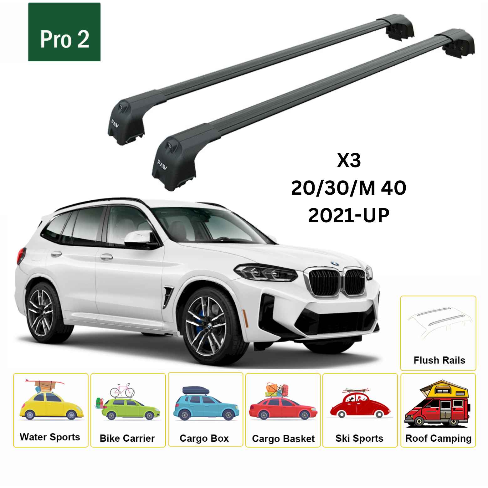For BMW X3 2021-Up Roof Rack Cross Bars Flush Rails Alu Black - 0