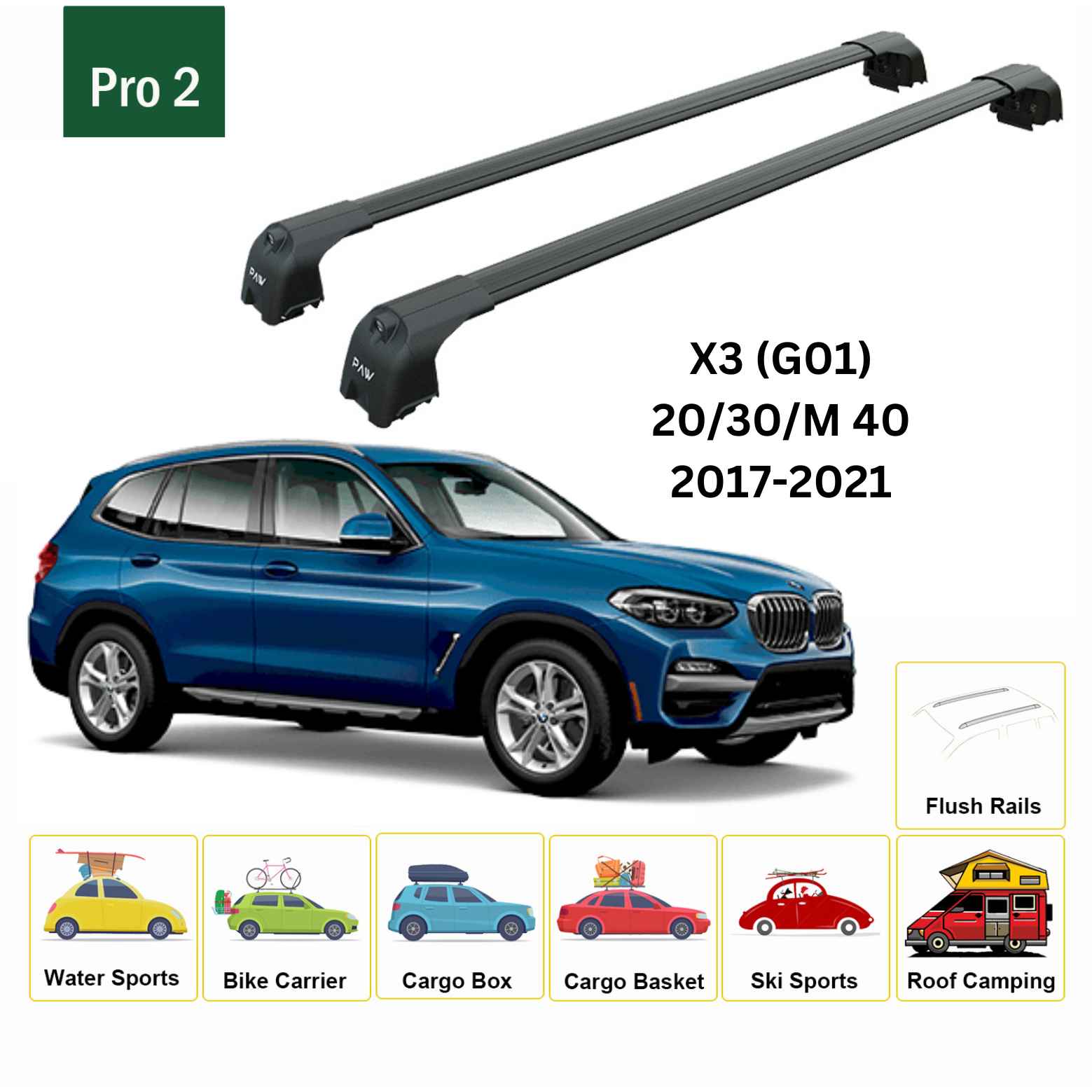 For BMW X3 (G01) 2017-21 Roof Rack Cross Bars Flush Rails Alu Black - 0