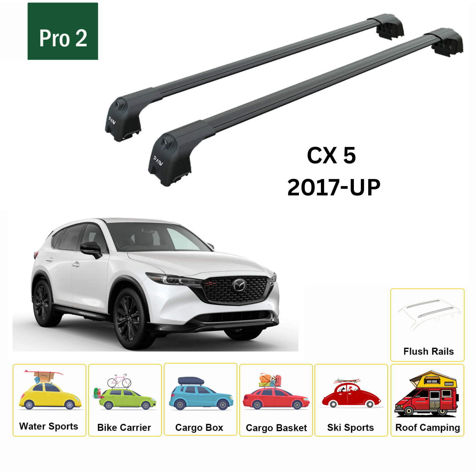 For Mazda CX-5 Grand Touring 2017-Up Roof Rack Cross Bars Flush Rail Alu Black