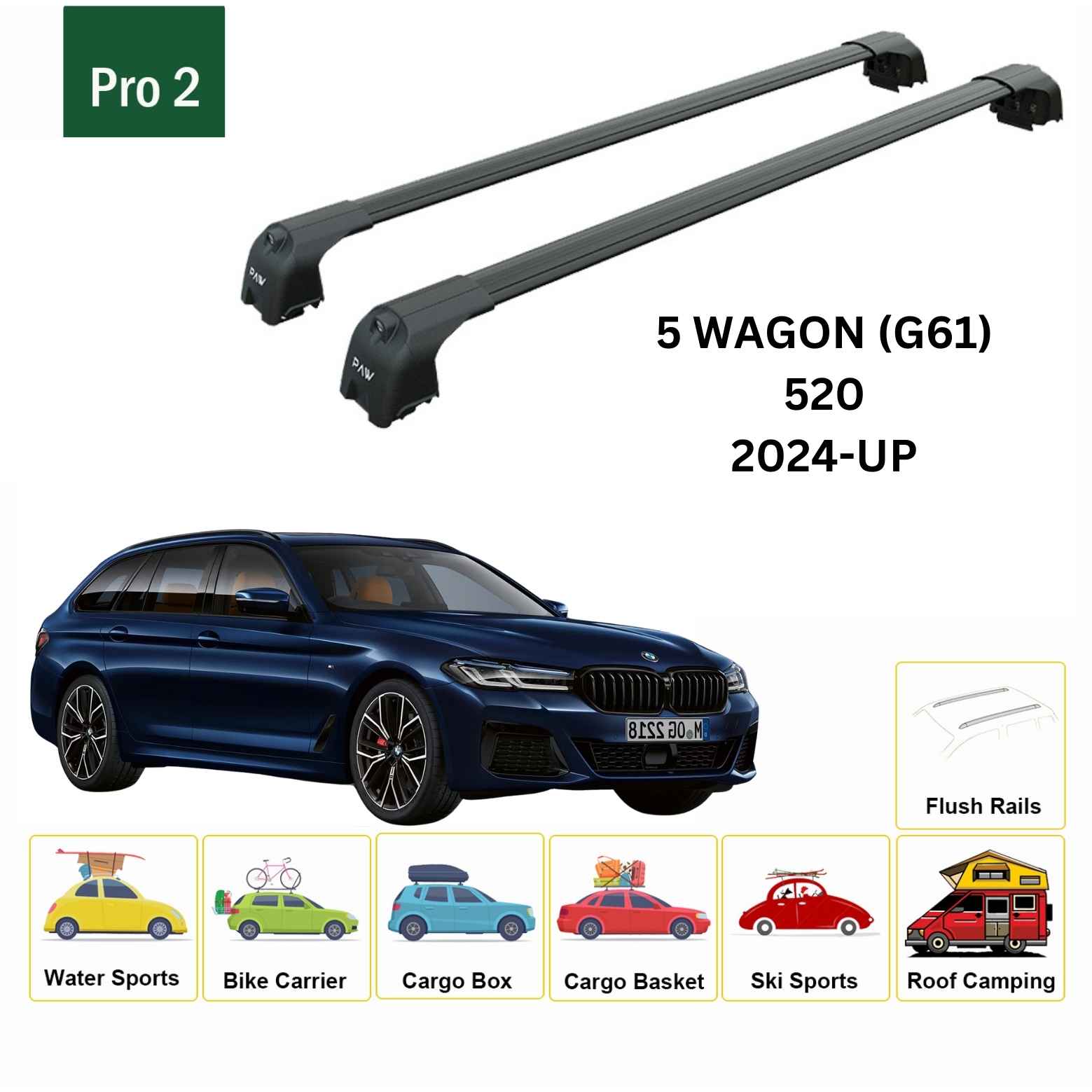 For BMW 5 Wagon (G61) 2024-Up Roof Rack Cross Bars Flush Rail Alu Black