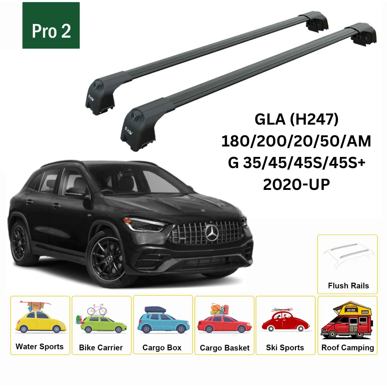 For Mercedes GLA (H247) 2020-Up Roof Rack Cross Bars Flush Rail Alu Black - 0