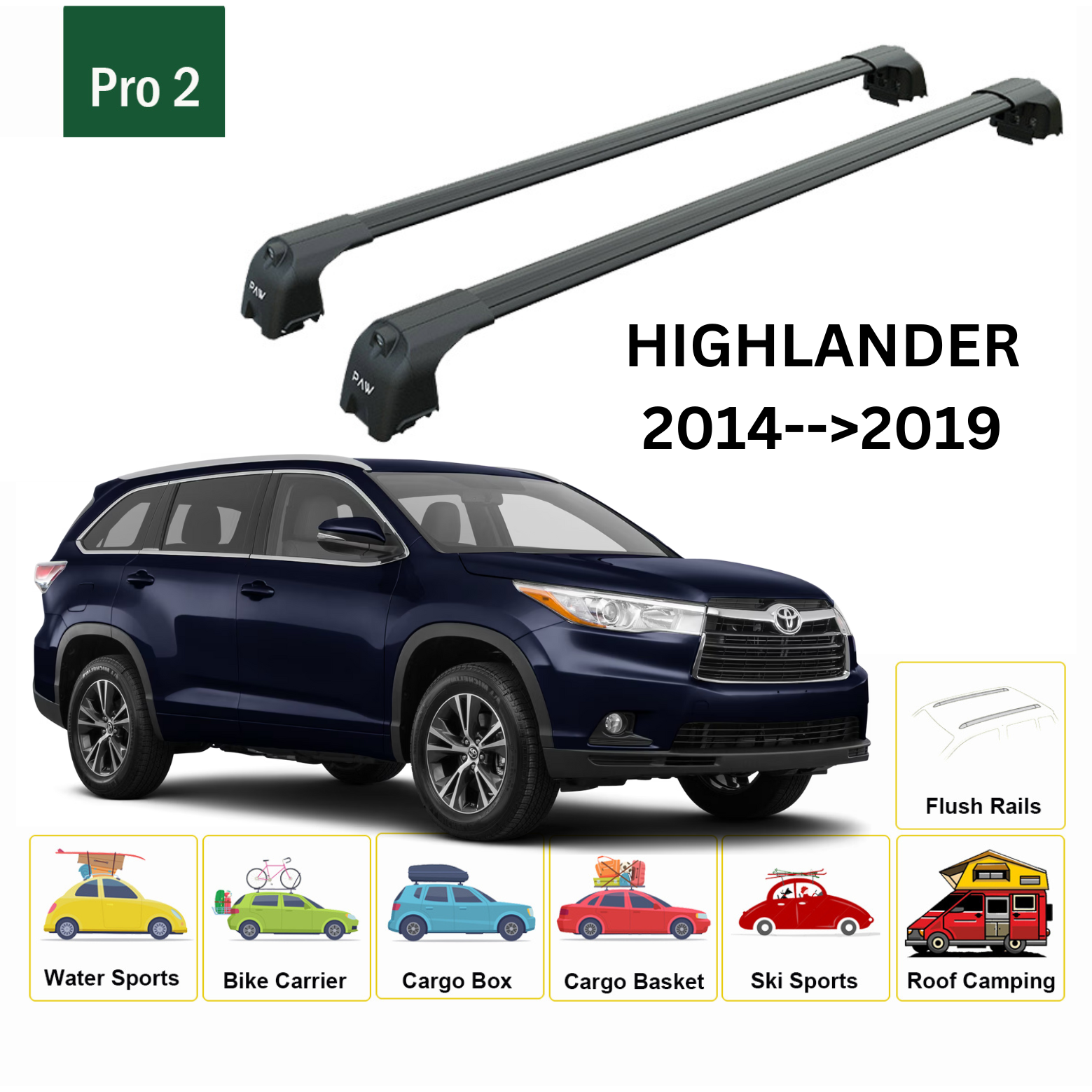 Für Toyota Highlander 2014–19 Dachträger, Querträger, Metallhalterung, bündige Schiene, Alu, Schwarz - 0