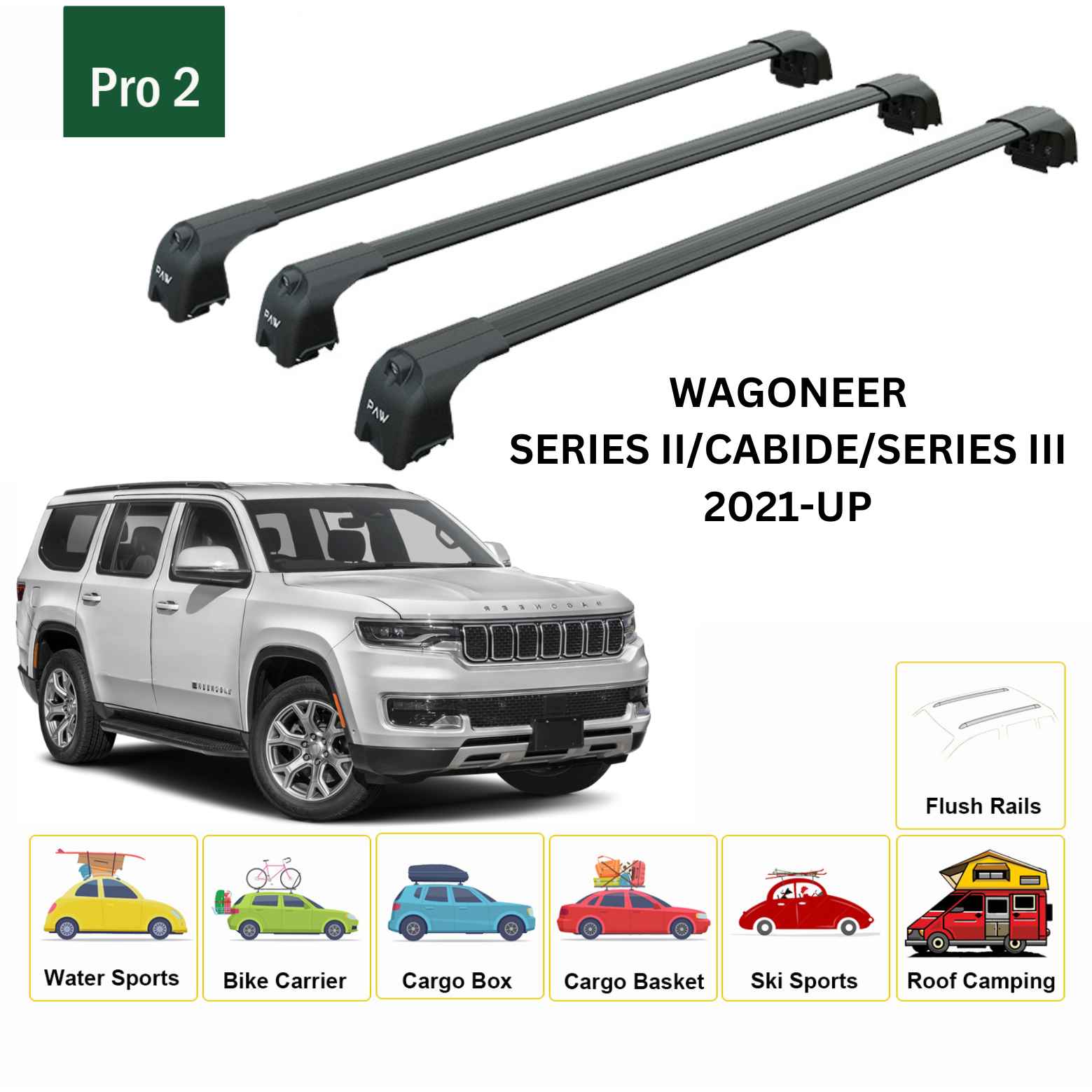 For Jeep Wagoneer 2021-Up Roof Rack Cross Bars Flush Rail Alu Black
