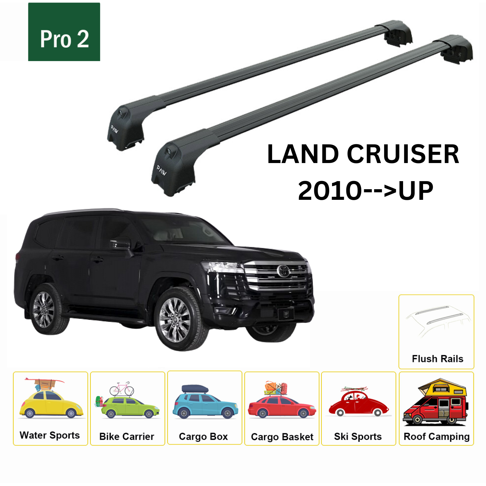 For Toyota Land Cruiser 2010-Up Roof Rack Cross Bar Metal Bracket Flush Rail Alu Black