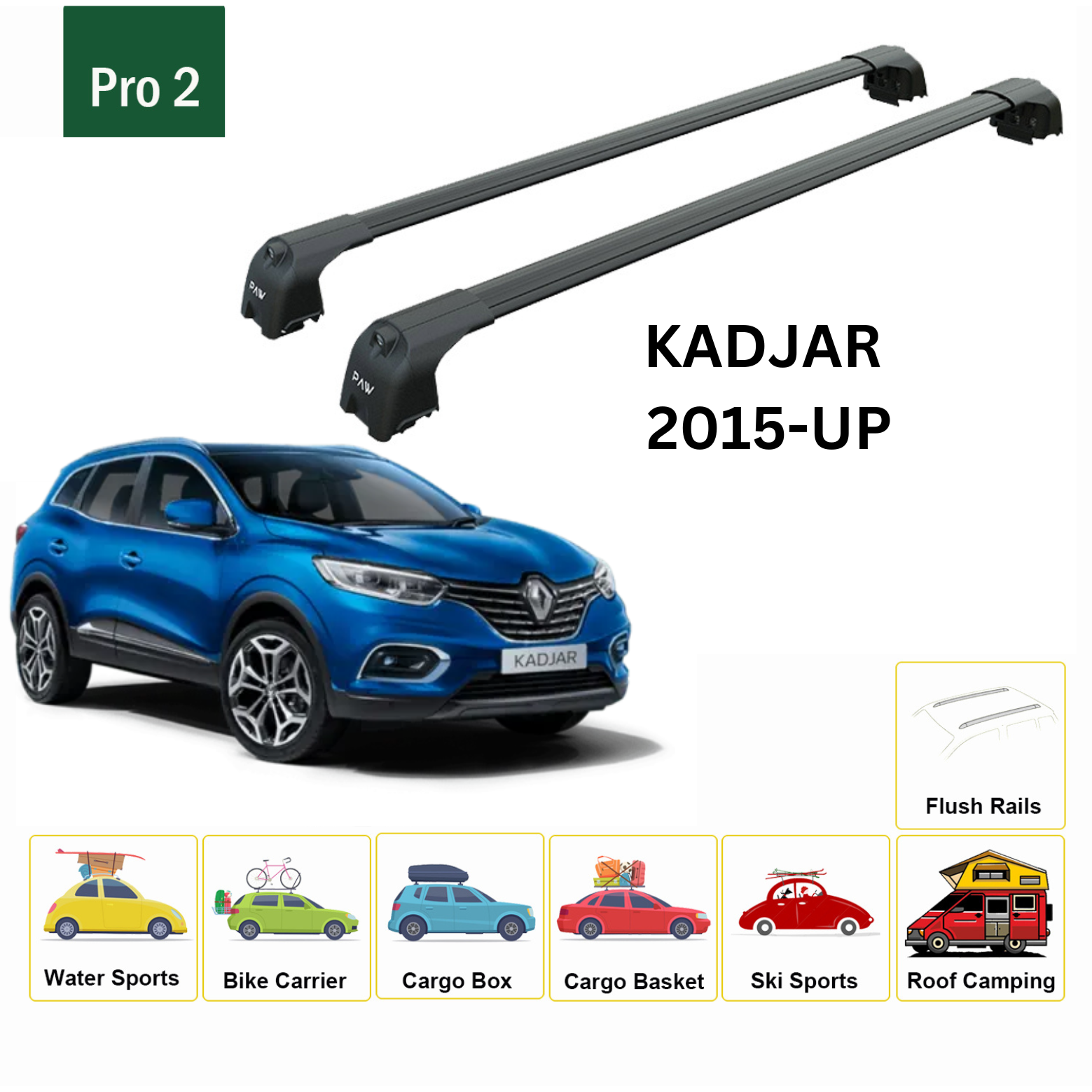 For Renault Kadjar 2015-Up Roof Rack System, Aluminium Cross Bar, Metal Bracket, Flush Rail, Black