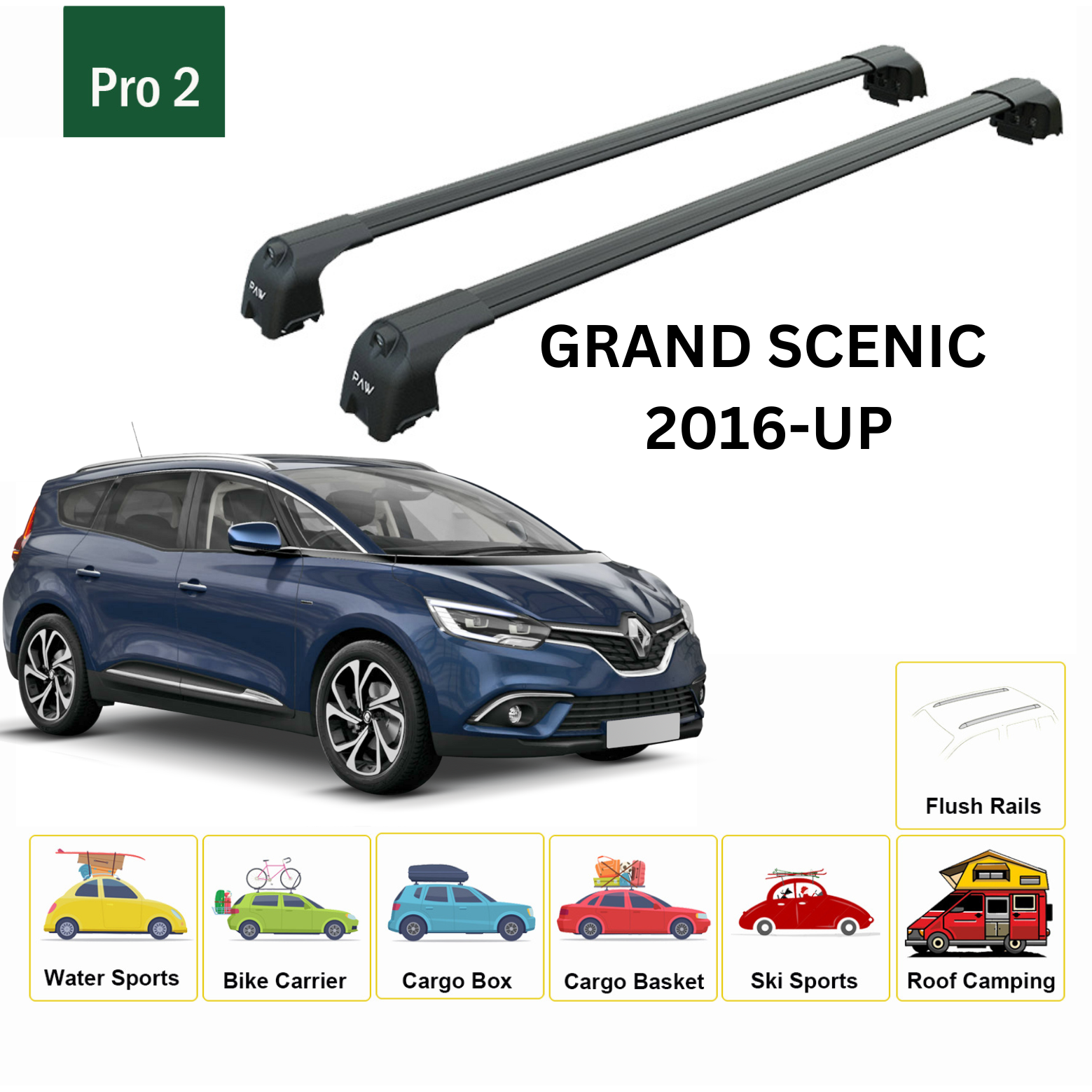 For Renault Grand Scenic 2016-Up Roof Rack System, Aluminium Cross Bar, Metal Bracket, Flush Rail, Black