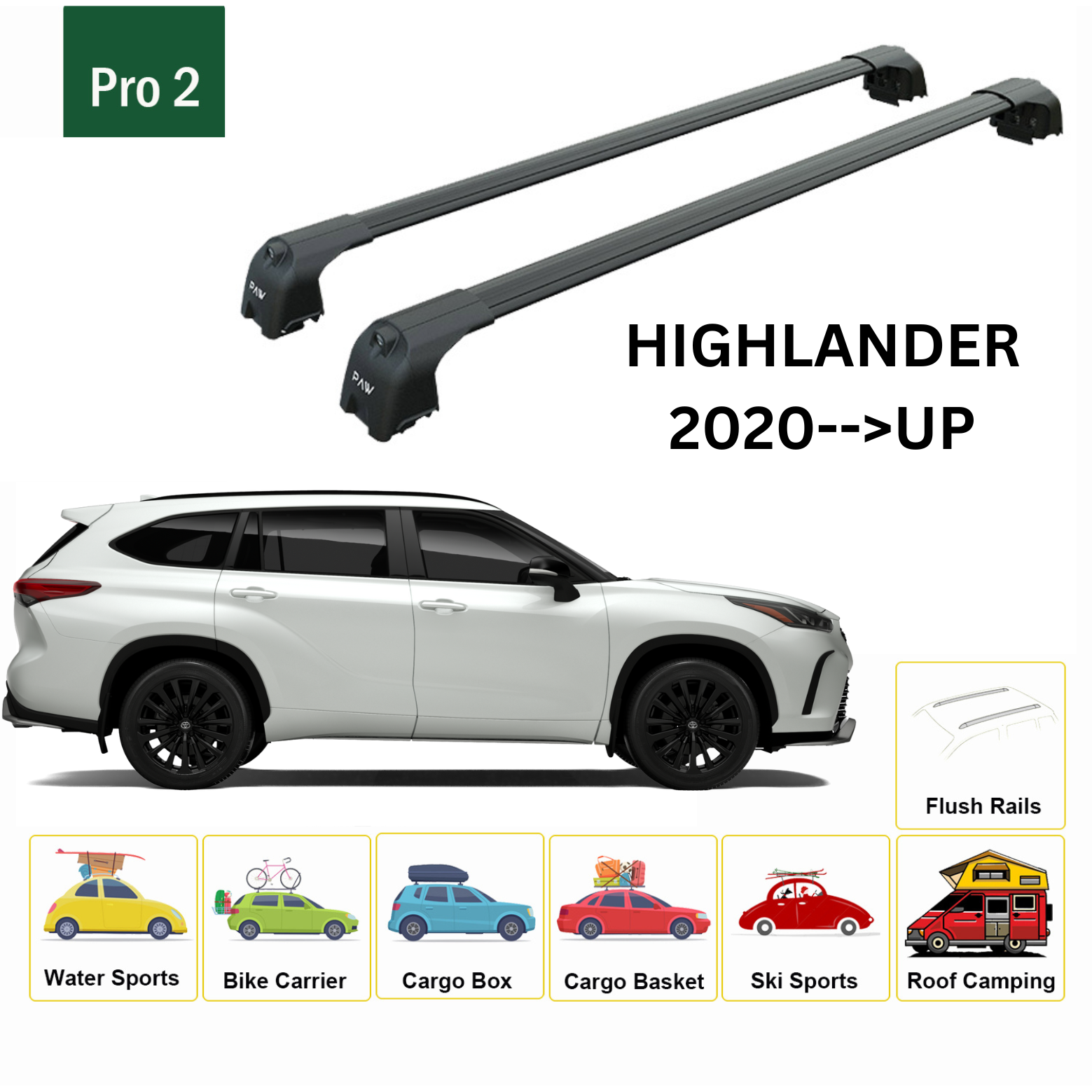 For Toyota Highlander 2020-Up Roof Rack Cross Bars Metal Bracket Flush Rail Alu Black - 0