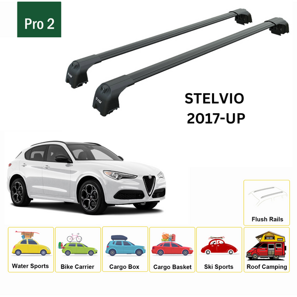 Für Alfa Romeo Stelvio 2017-Up Dachträgersystem, Aluminium-Querstange, Metallhalterung, bündige Schienen, Schwarz
