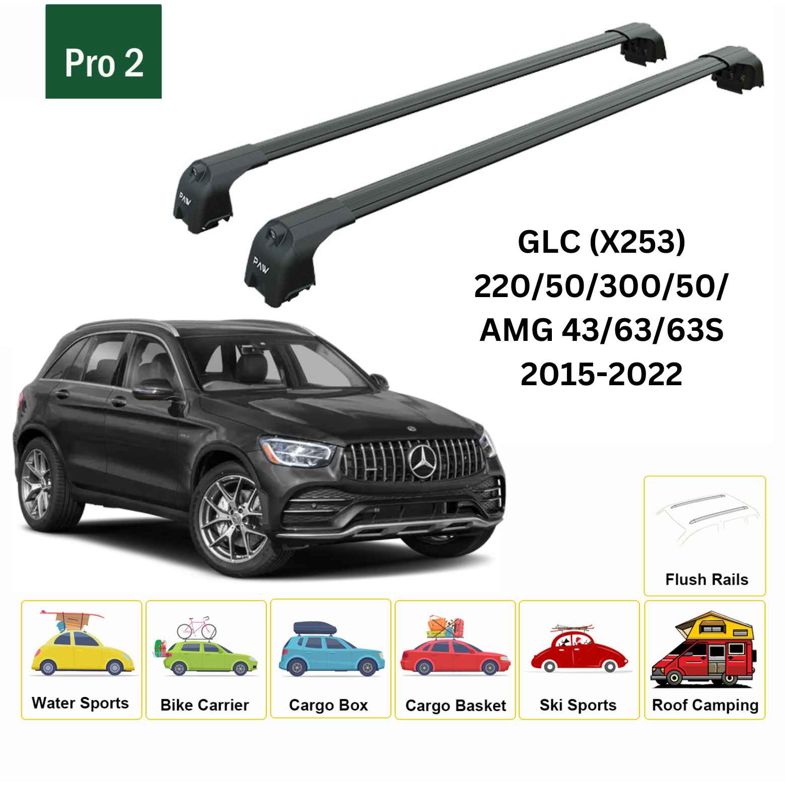For Mercedes GLC (X253) 2015-22 Roof Rack Cross Bars Flush Rail Alu Black