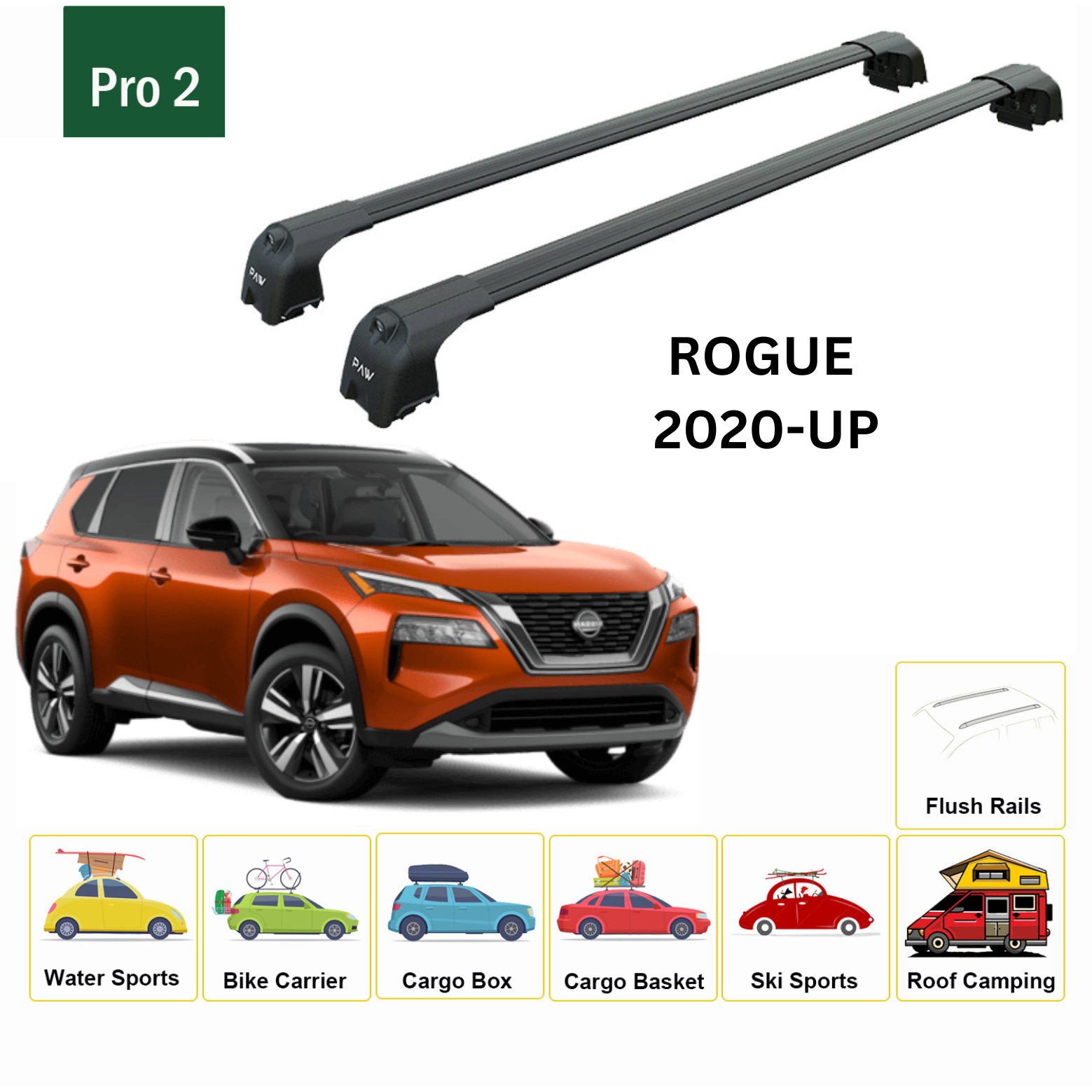 For Nissan Rogue 2020-Up Roof Rack Cross Bars Metal Bracket Flush Rail Alu Black