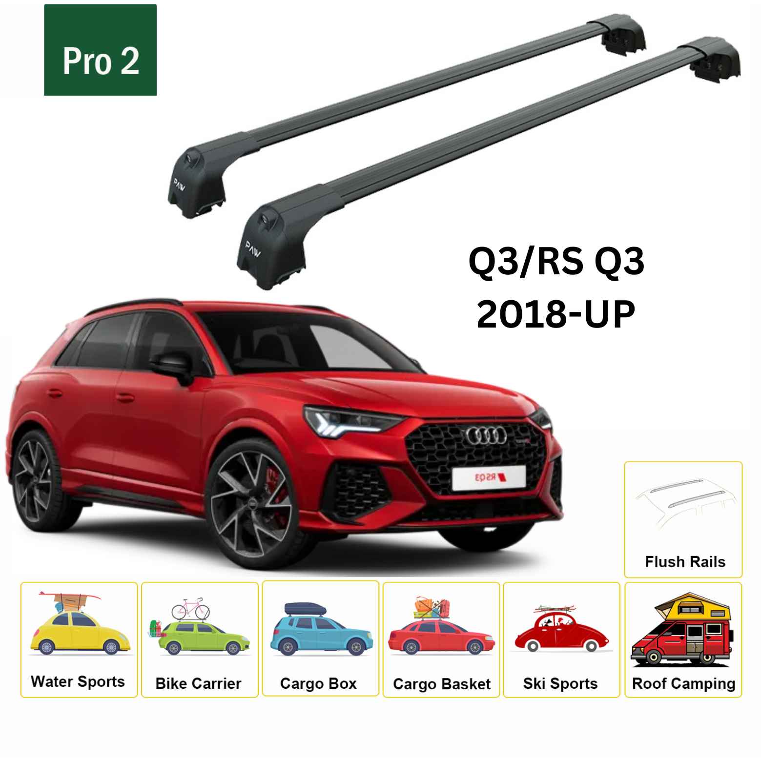 For Audi Q3/RS Q3 (F3) 2018-Up Roof Rack Cross Bars Flush Rails Alu Black
