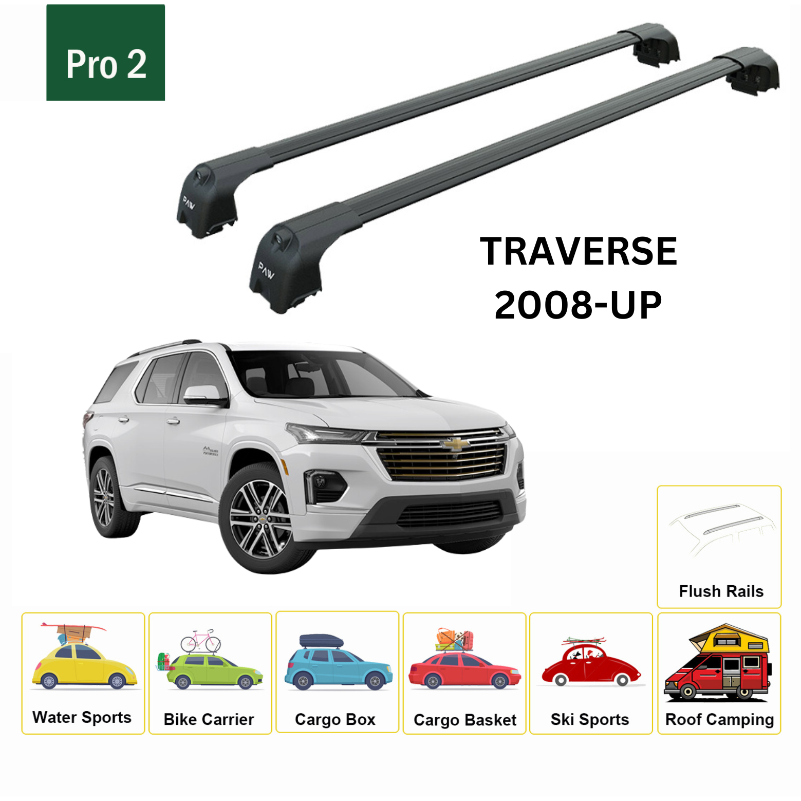 For Chevrolet Traverse 2008-Up Roof Rack Cross Bars Metal Bracket Flush Rail Alu Black - 0