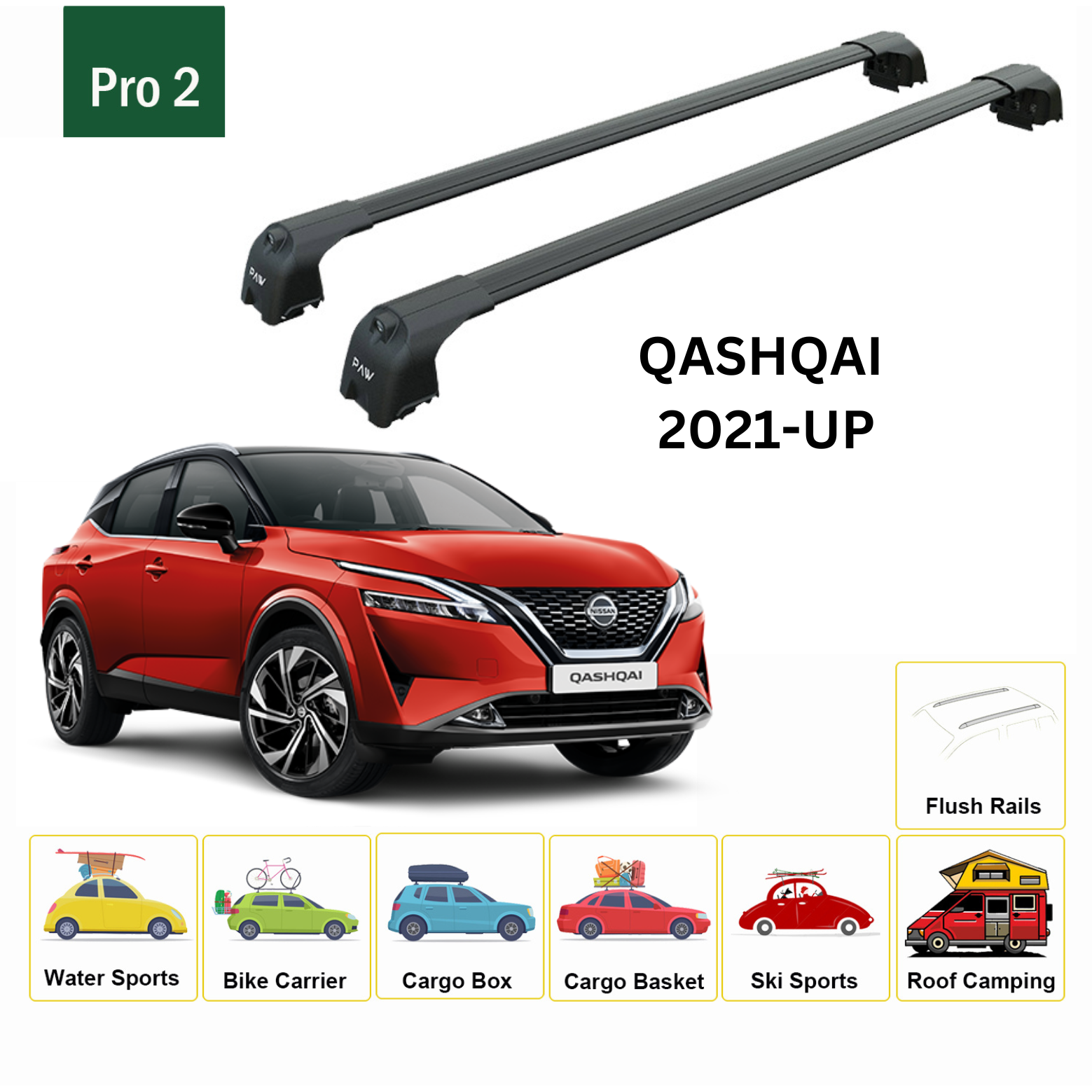 For Nissan Qashqai J12 2021-Up Roof Rack Cross Bars Metal Bracket Flush Rail Alu Black