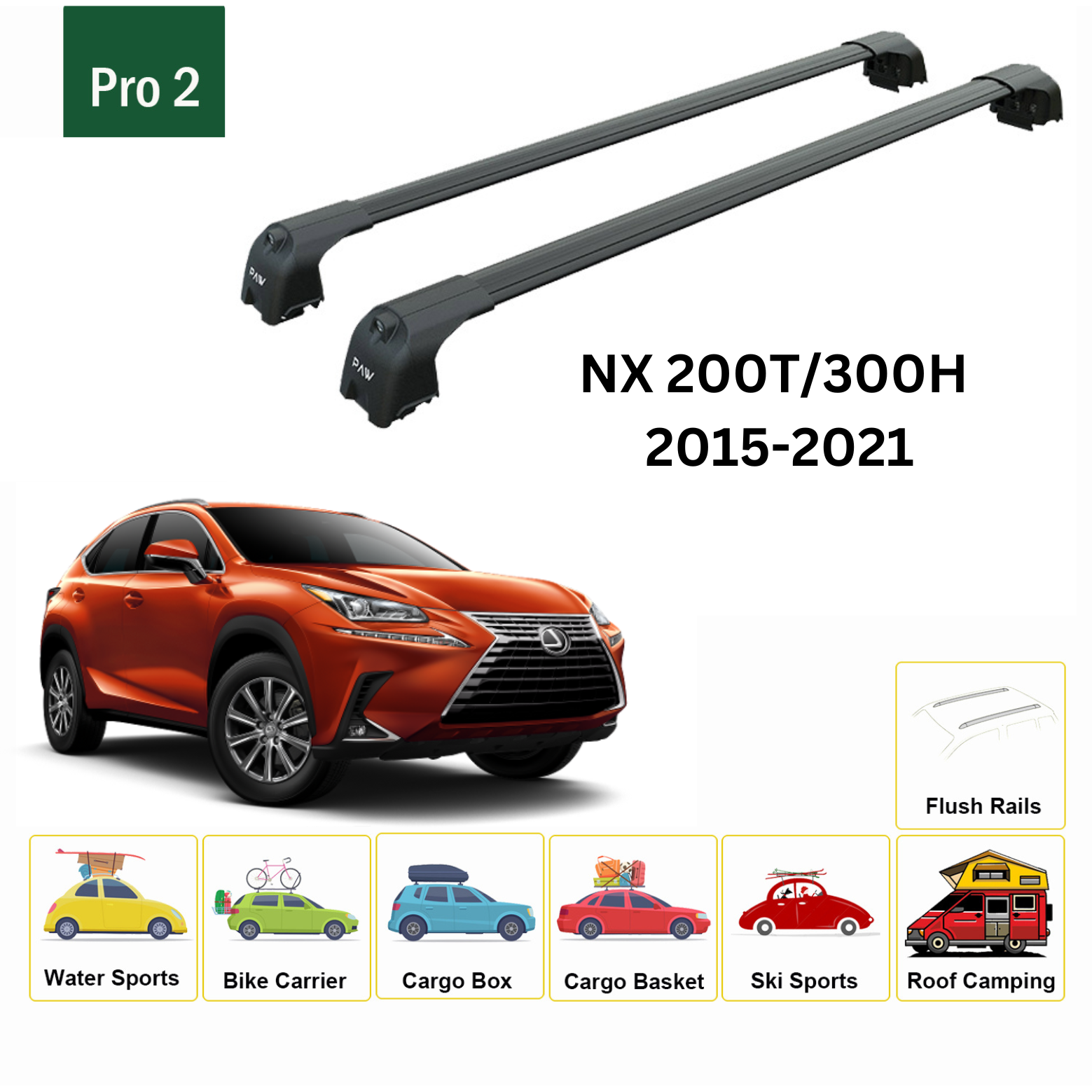For Lexus NX-Series 2015-21 Roof Rack Cross Bars Flush Rail Alu Black - 0