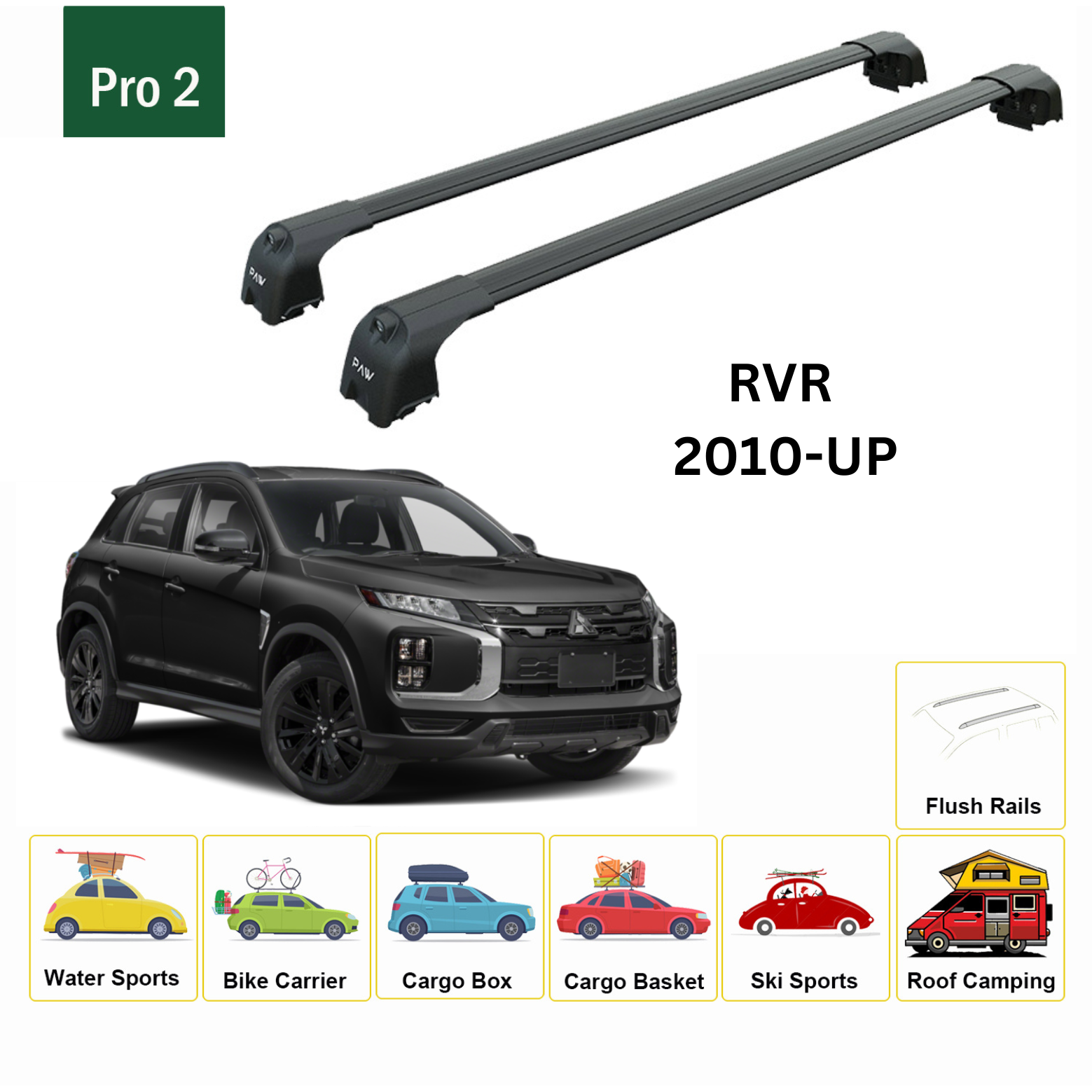 For Mitsubishi RVR 2010-Up Roof Rack Cross Bars Flush Rail Alu Black