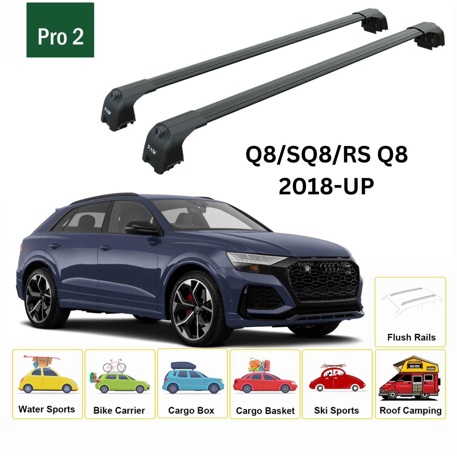 For Audi Q8/SQ8/RS Q8 2019-Up Roof Rack Cross Bars Flush Rails Alu Black - 0