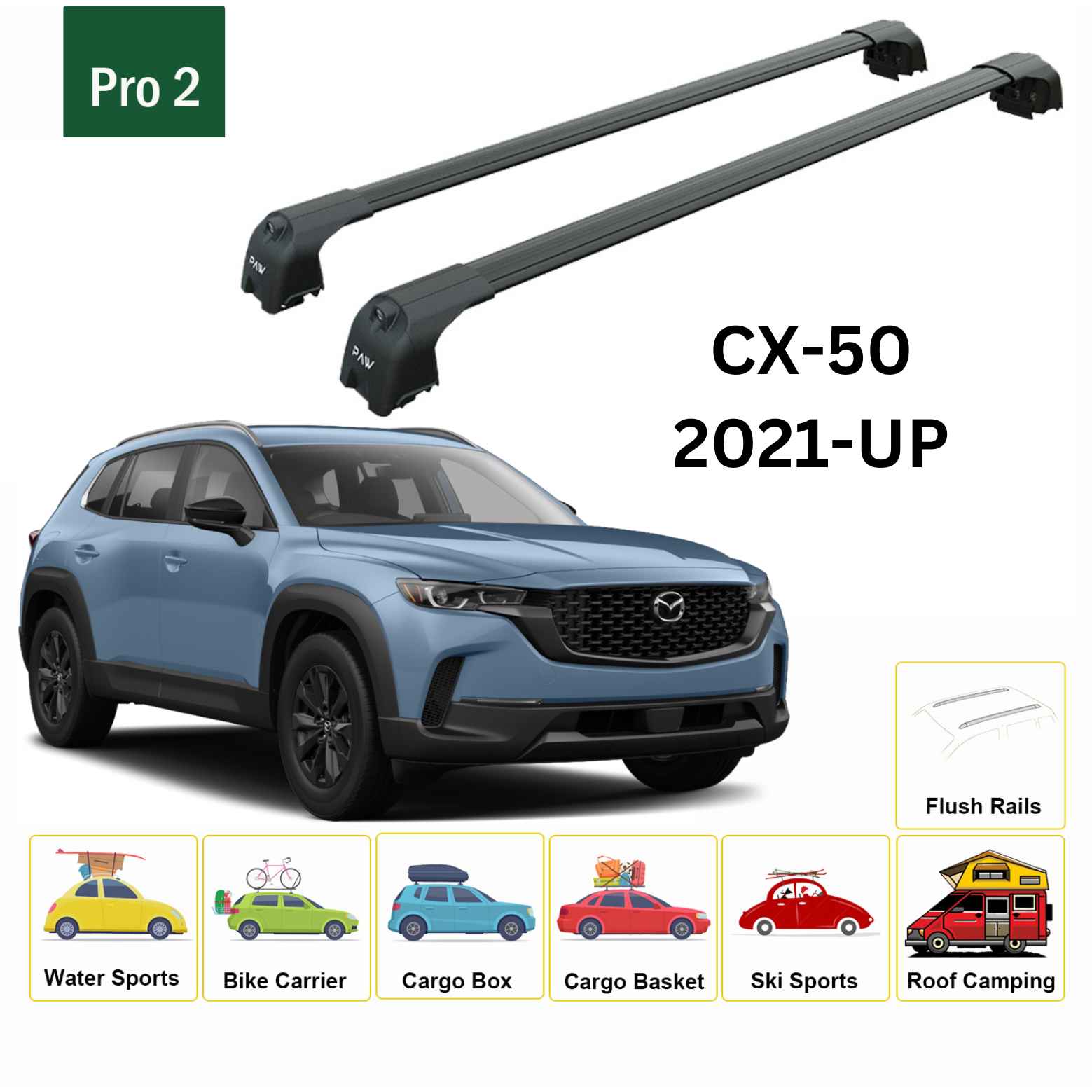 For Mazda CX 50 2021-Up Roof Rack Cross Bars Flush Rail Alu Black - 0
