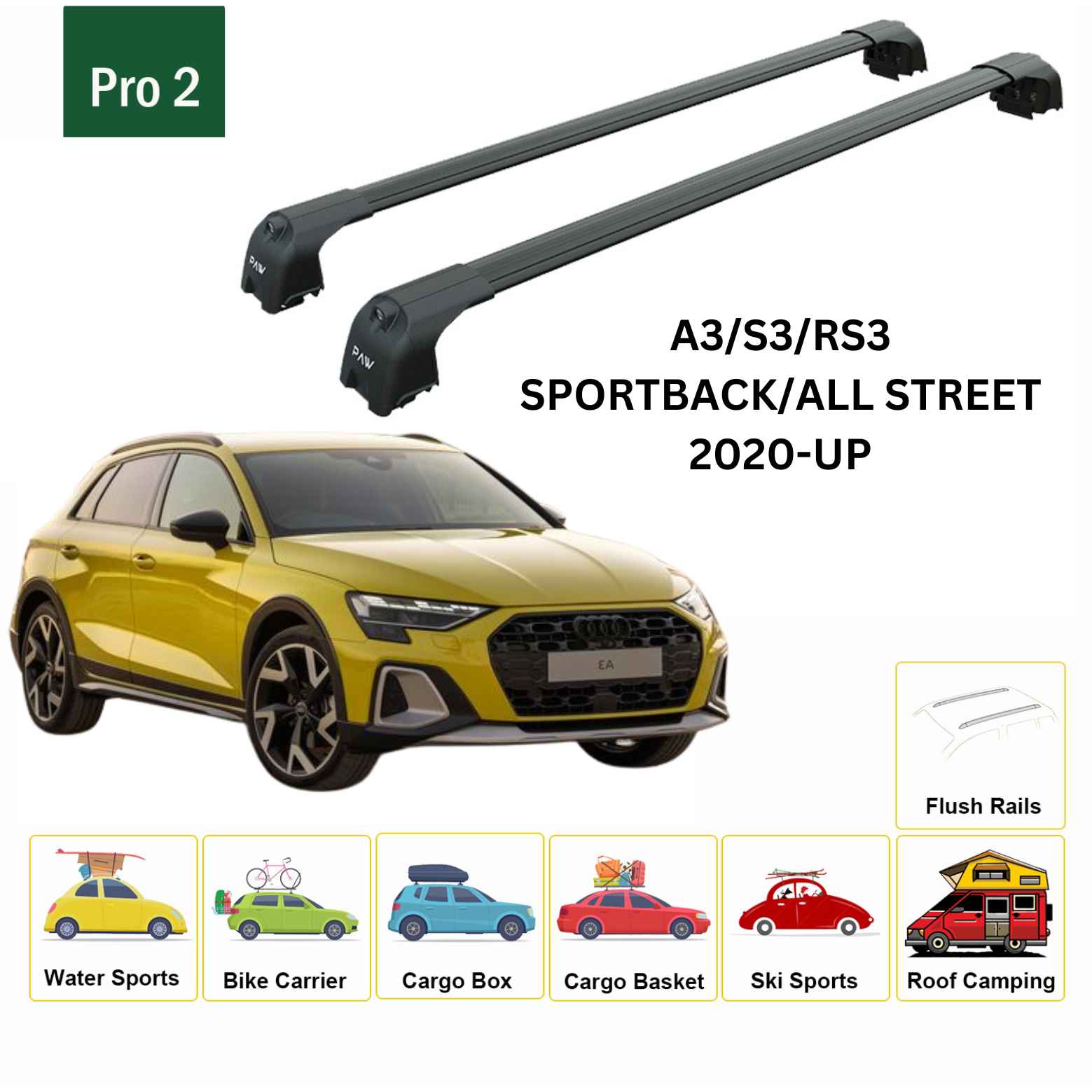 For Audi A3/S3/RS3 Sportback 2020-Up Roof Rack Cross Bars Flush Rail Alu Black - 0