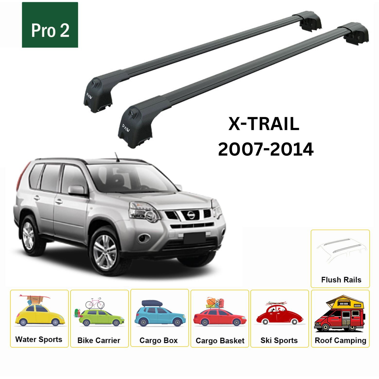 For Nissan X-Trail T31 Roof Rack Cross Bars Metal Bracket Flush Rail Alu Black 2007-14