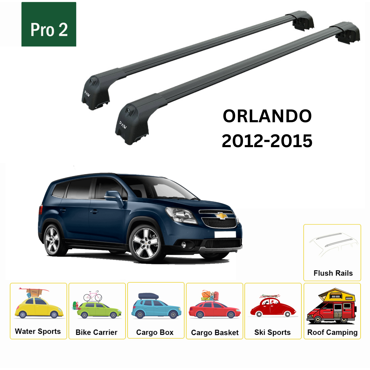 For Chevrolet Orlando 2012-2015 Roof Rack Cross Bars Metal Bracket Flush Rail Alu Black