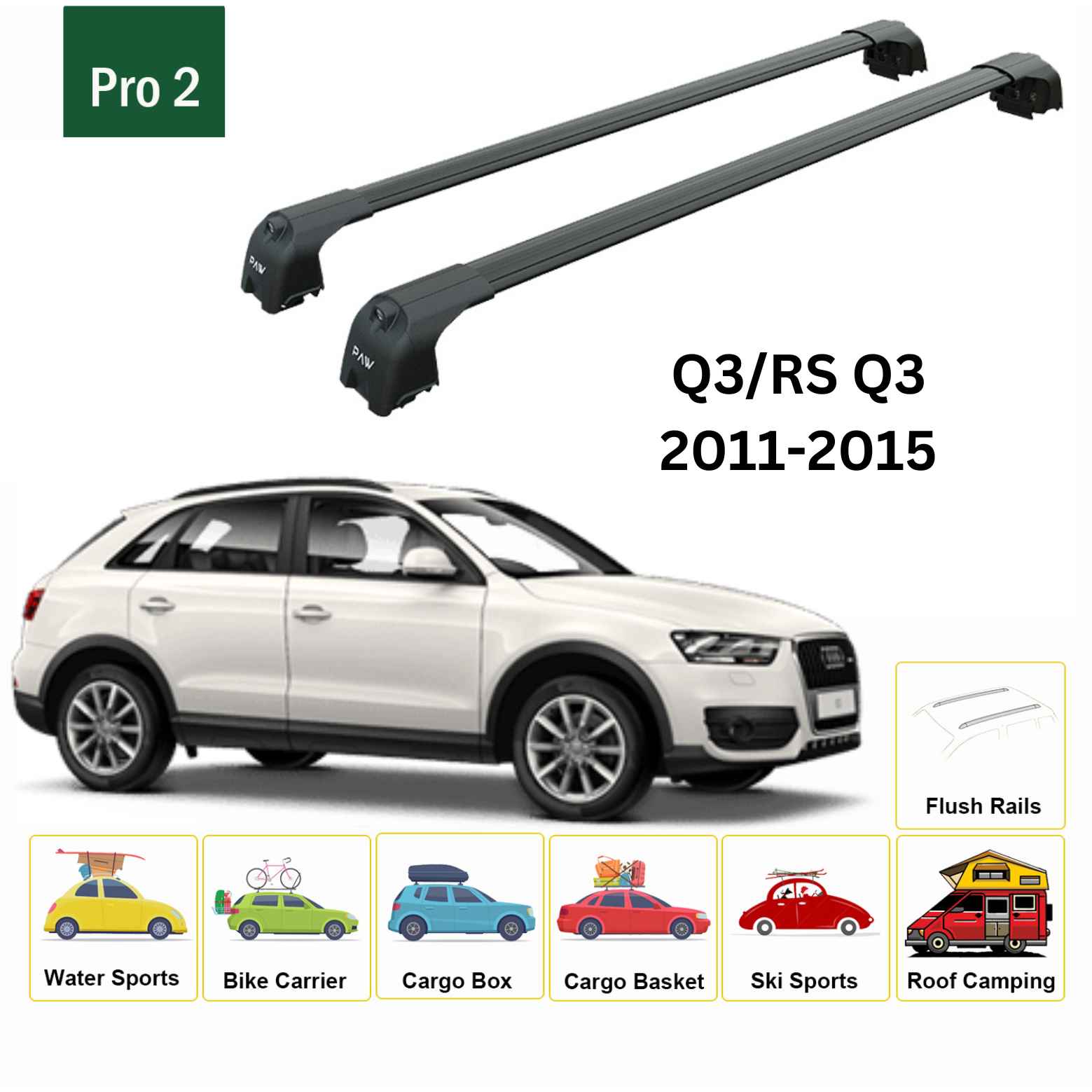 For Audi Q3/RS Q3 2011-15 Roof Rack Cross Bars Flush Rails Alu Black - 0