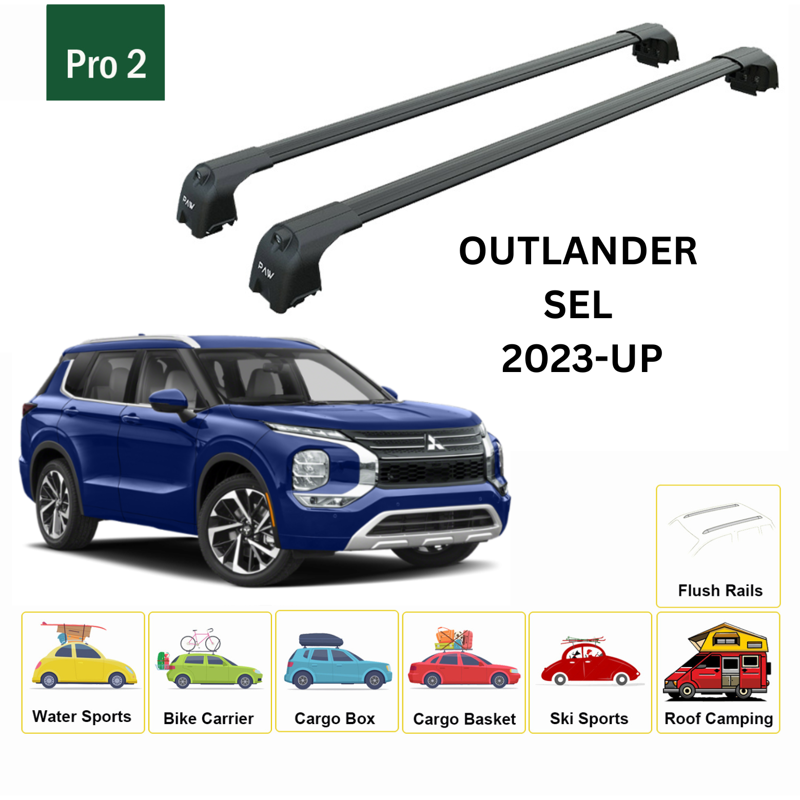 For Mitsubishi Outlander 2022-Up Roof Rack Cross Bars Flush Rail Alu Black - 0