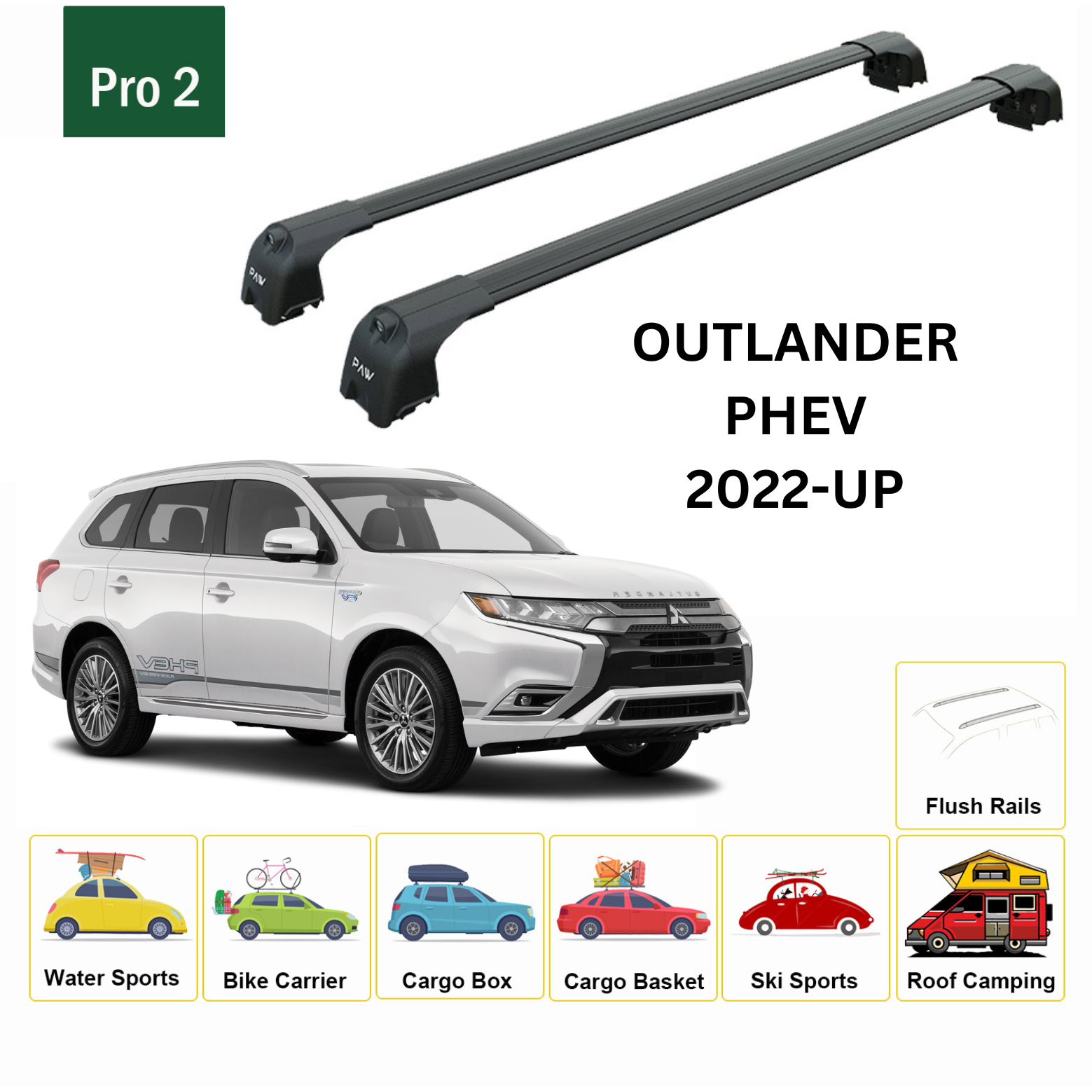 For Mitsubishi Outlander Phev 2023-Up Roof Rack Cross Bars Flush Rail Alu Black