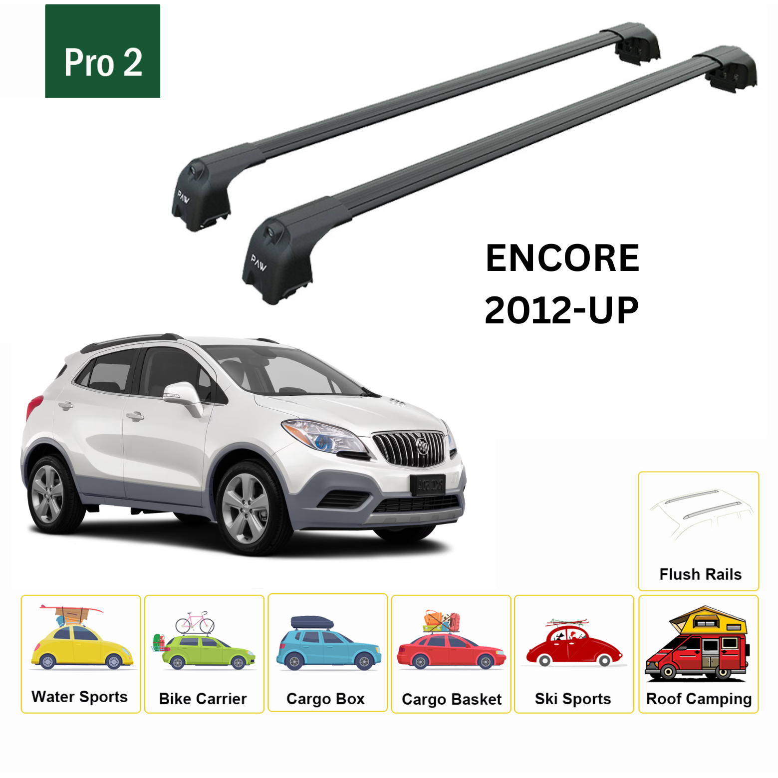 For Buick Encore 2012-Up Roof Rack Cross Bars Flush Rails Alu Black - 0