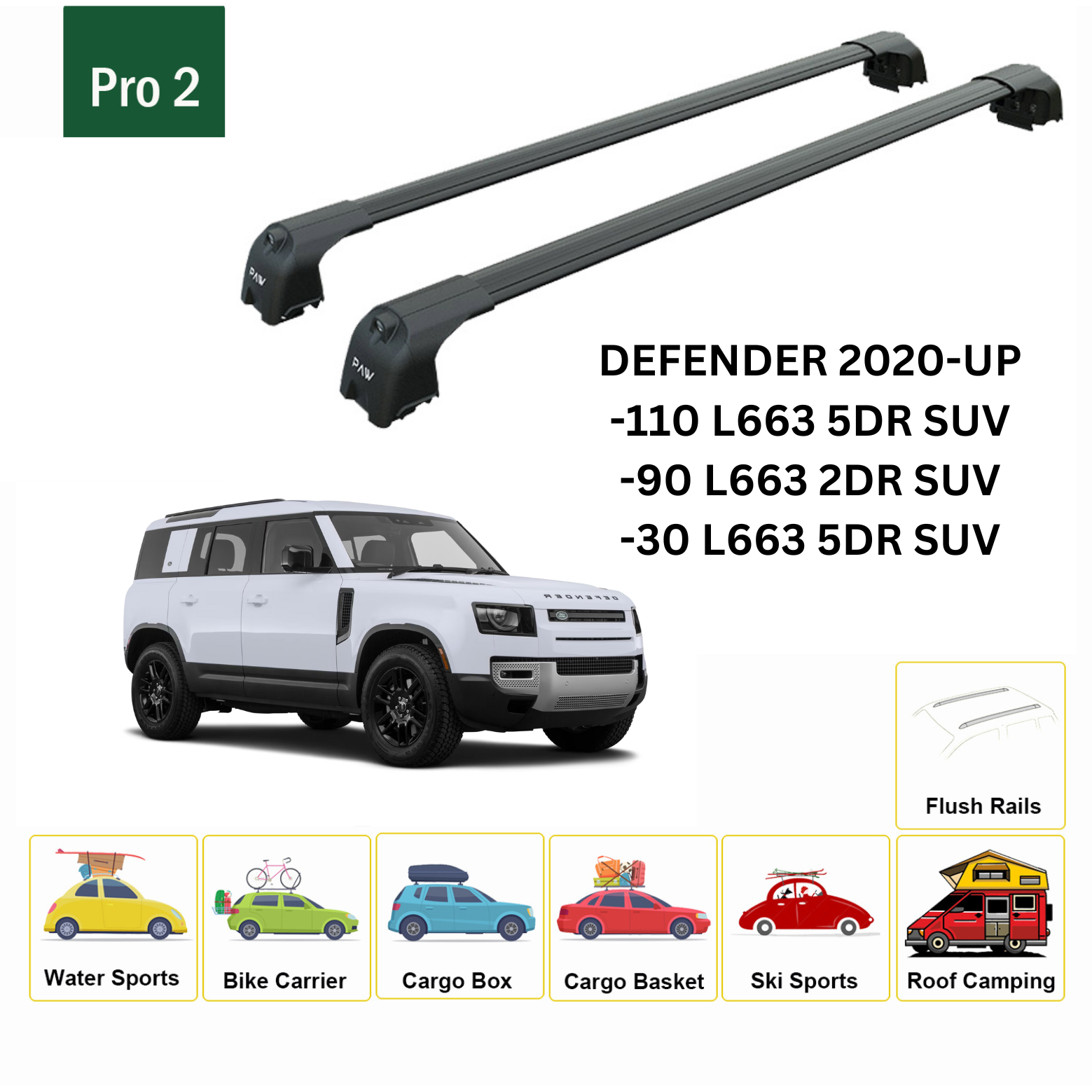 For Land Rover Defender 2020-Up Roof Rack Cross Bars Flush Rail Alu Black