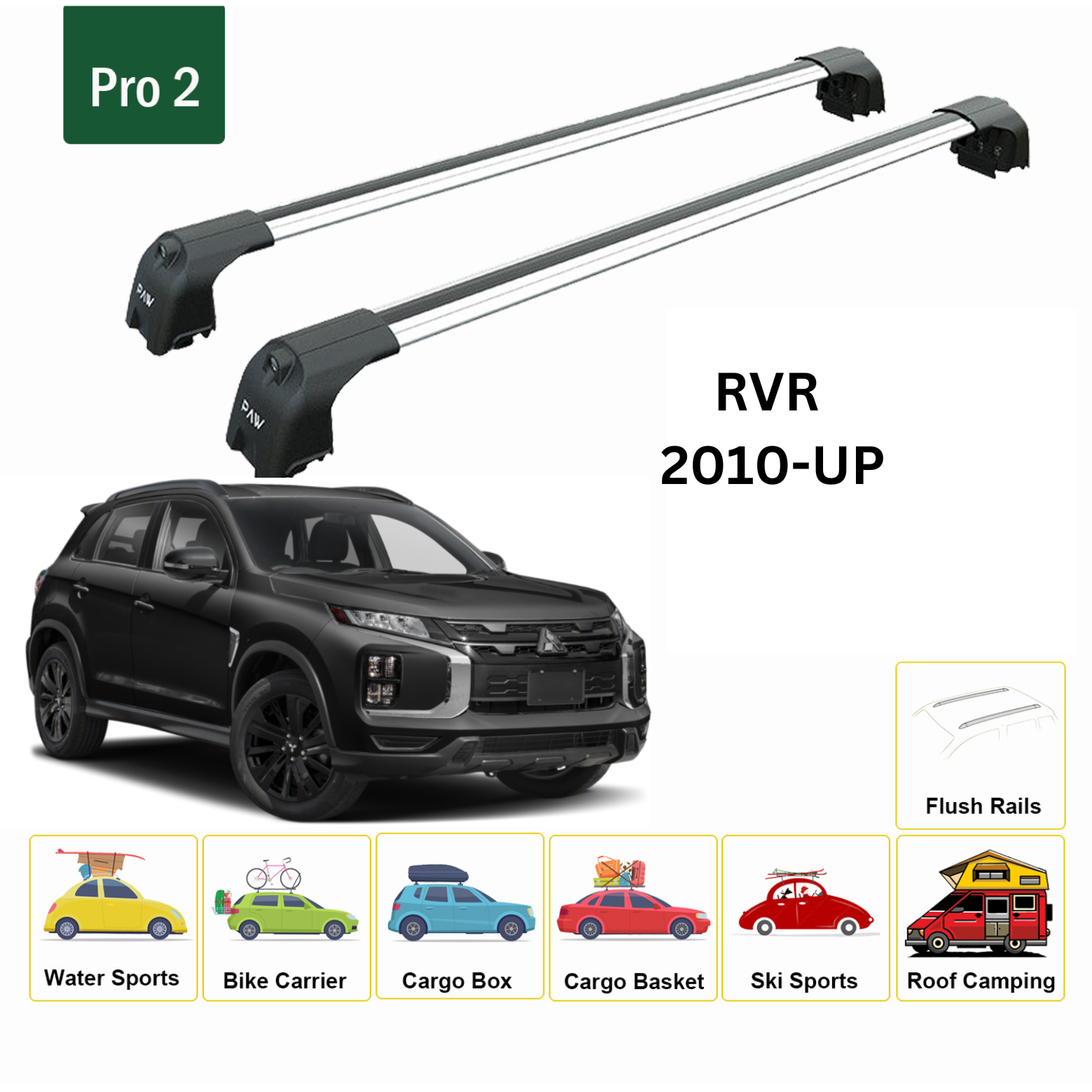 For Mitsubishi RVR 2010-Up Roof Rack Cross Bars Flush Rail Alu Silver