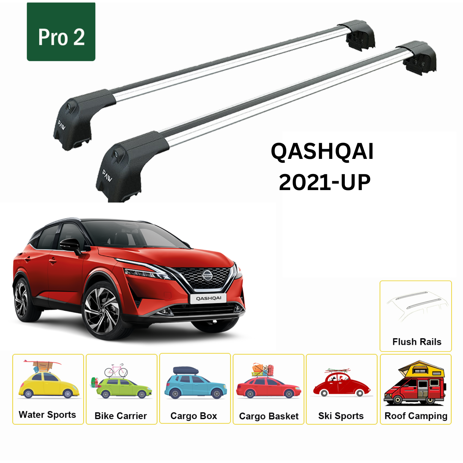 For Nissan Qashqai J12 2021-Up Roof Rack Cross Bars Metal Bracket Flush Rail Alu Silver