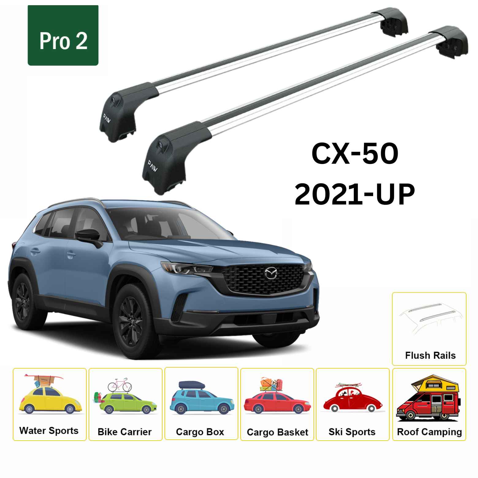 For Mazda CX 50 2021-Up Roof Rack Cross Bars Flush Rail Alu Silver - 0