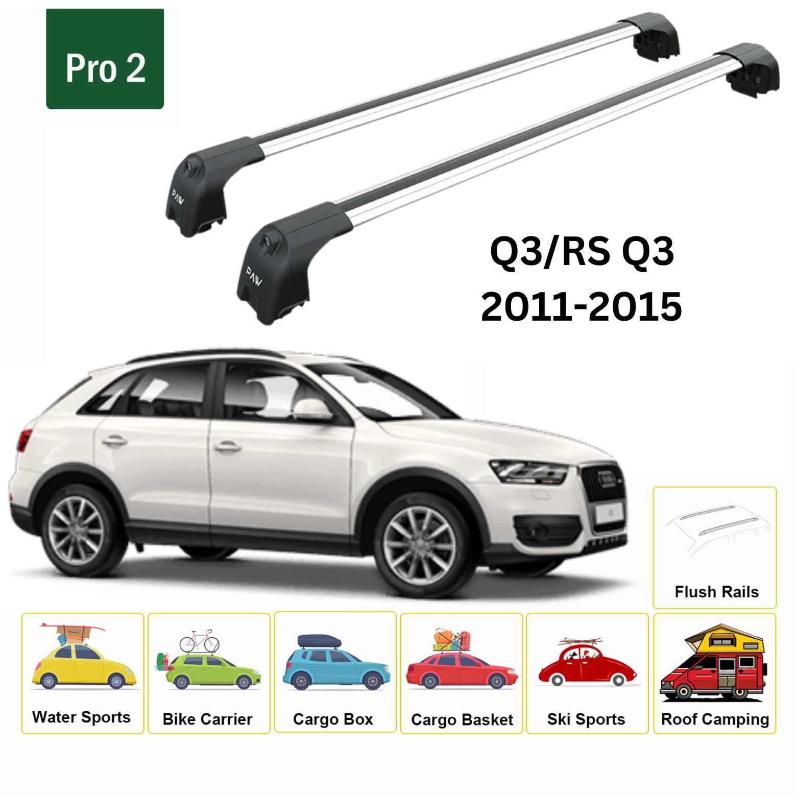 For Audi Q3/RS Q3 2011-15 Roof Rack Cross Bars Flush Rails Alu Silver - 0