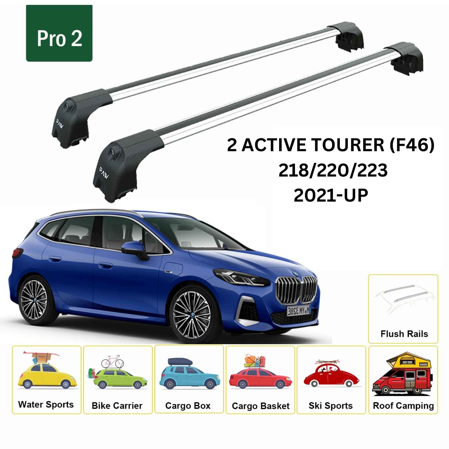For BMW 2 Active Tourer (F46) 2021-Up Roof Rack Cross Bars Flush Rail Alu Silver-2