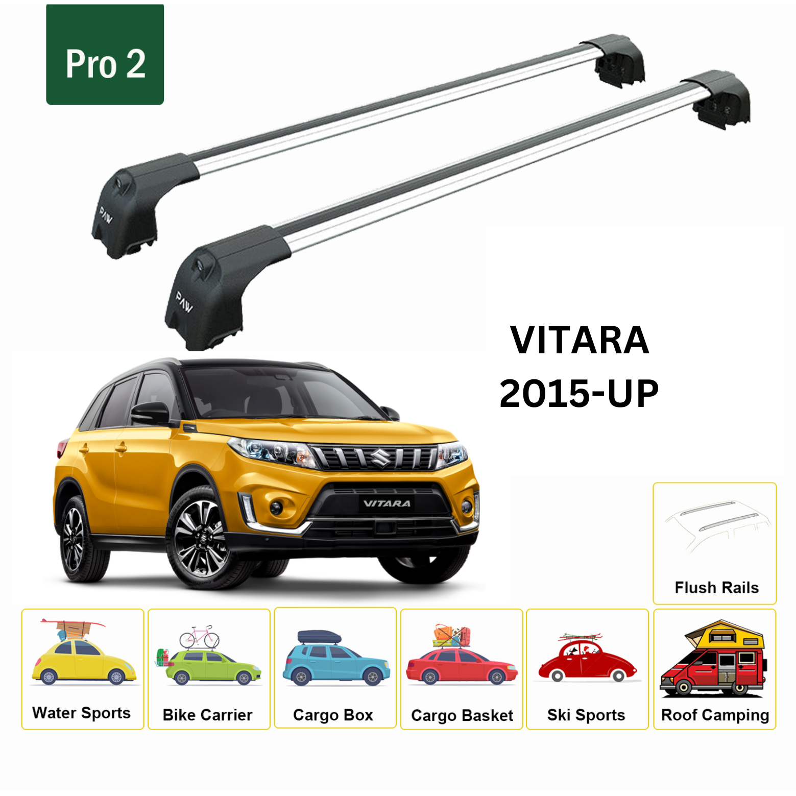 For Suzuki Vitara 2015-Up Roof Rack Cross Bars Metal Bracket Flush Rail Alu Silver