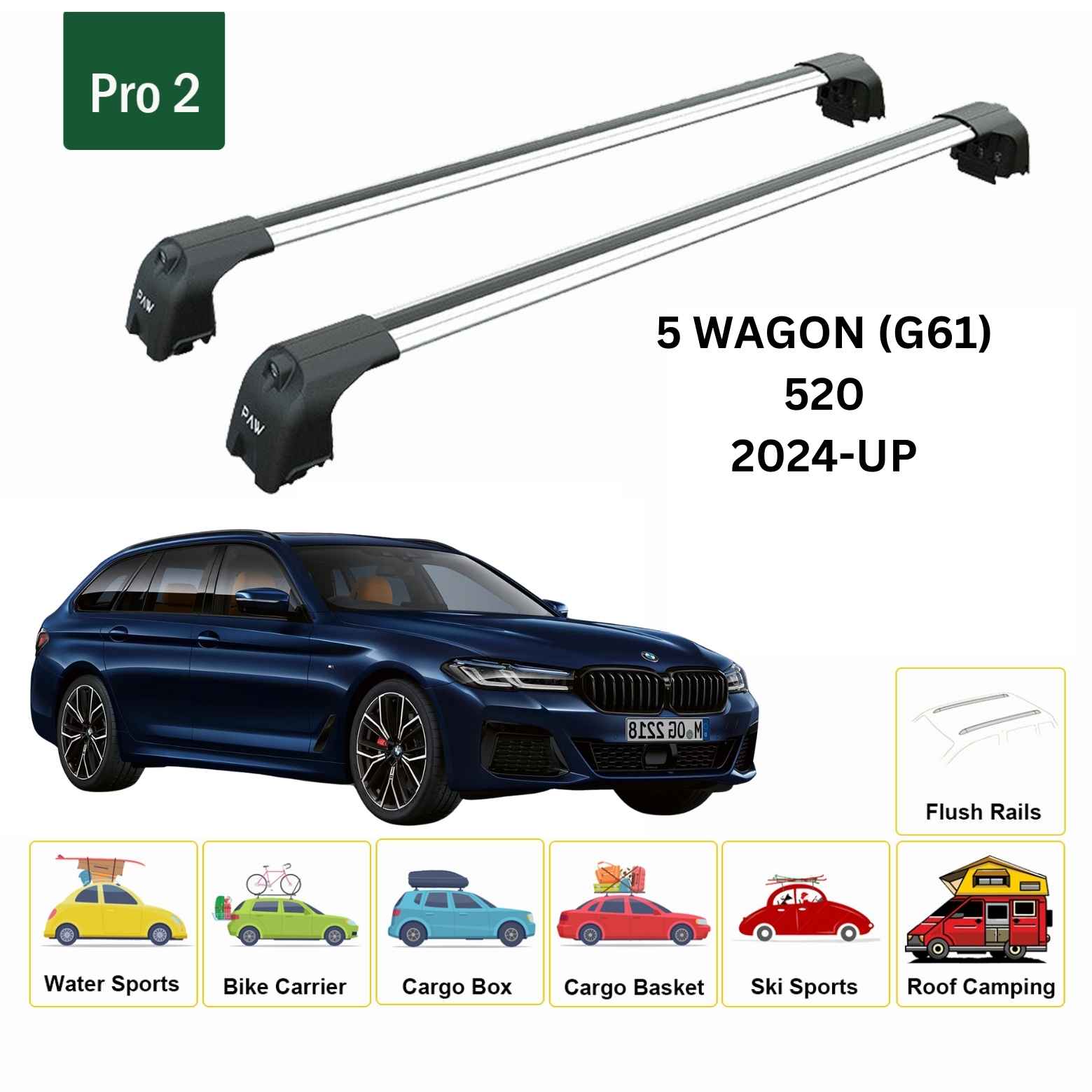 For BMW 5 Wagon (G61) 2024-Up Roof Rack Cross Bars Flush Rail Alu Silver