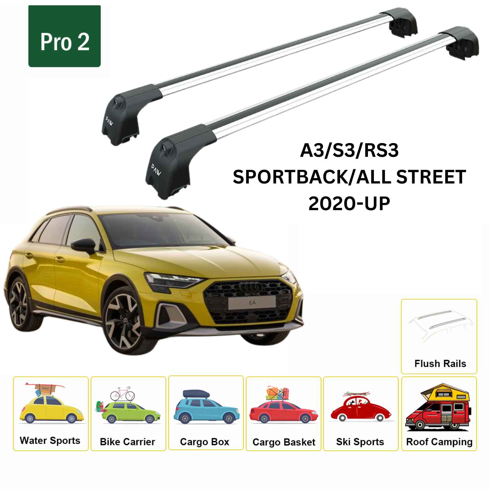 For Audi A3/S3/RS3 Sportback 2020-Up Roof Rack Cross Bars Flush Rail Alu Silver - 0