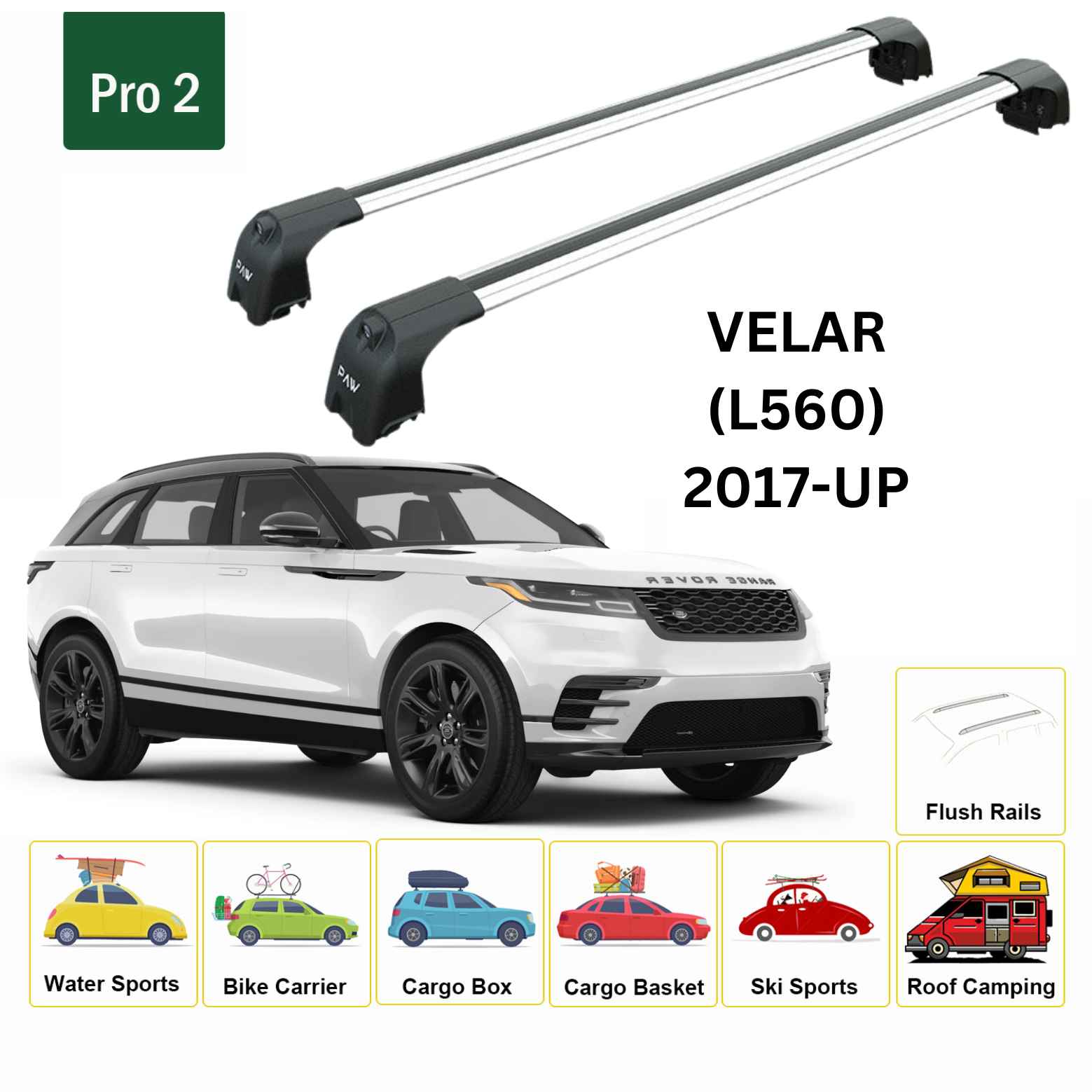 For Land Rover Range Rover Velar (L560) 2017-Up Roof Rack Cross Bars Flush Rail Alu Silver