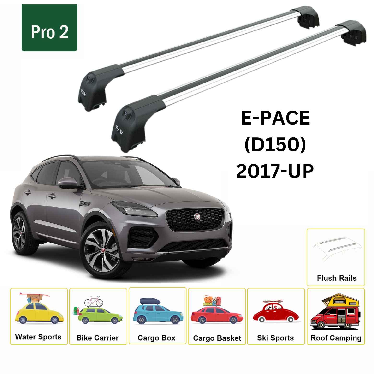 For Jaguar E-Pace (D150) 2017-Up Roof Rack Cross Bars Flush Rail Alu Silver