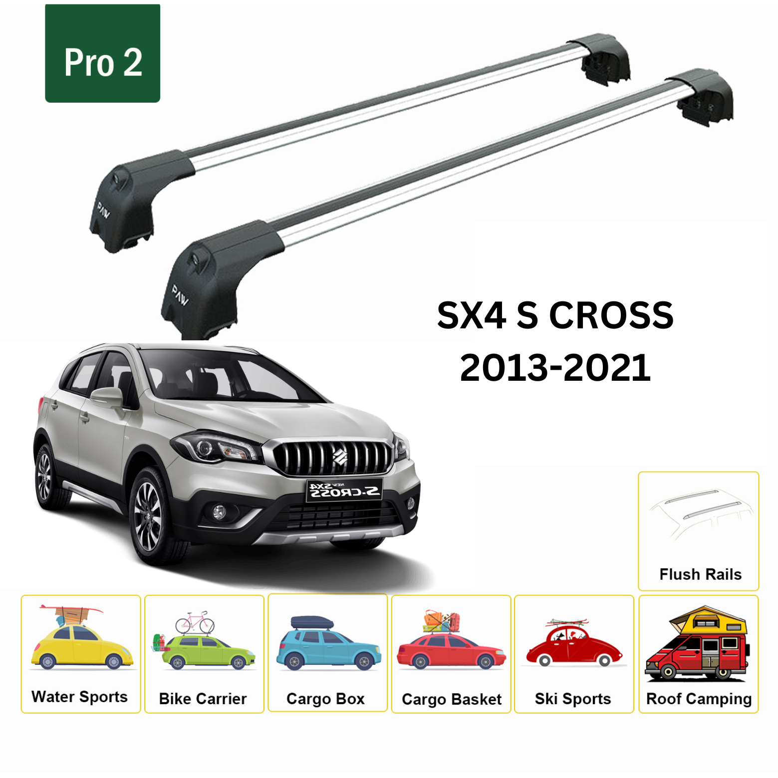 For Suzuki SX4 S Cross 2013-21 Roof Rack Cross Bars Metal Bracket Flush Rail Alu Silver-2
