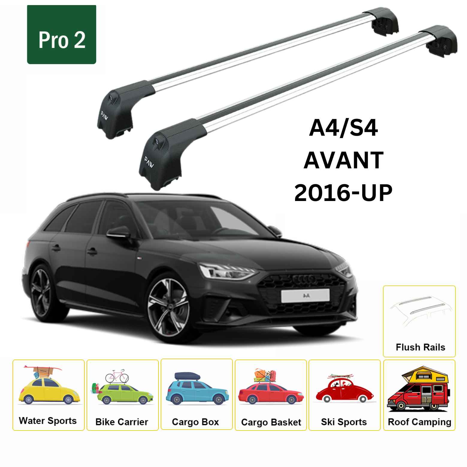 For Audi A4/S4/RS4 Avant 2016-Up Roof Rack Cross Bars Flush Rail Alu Silver - 0