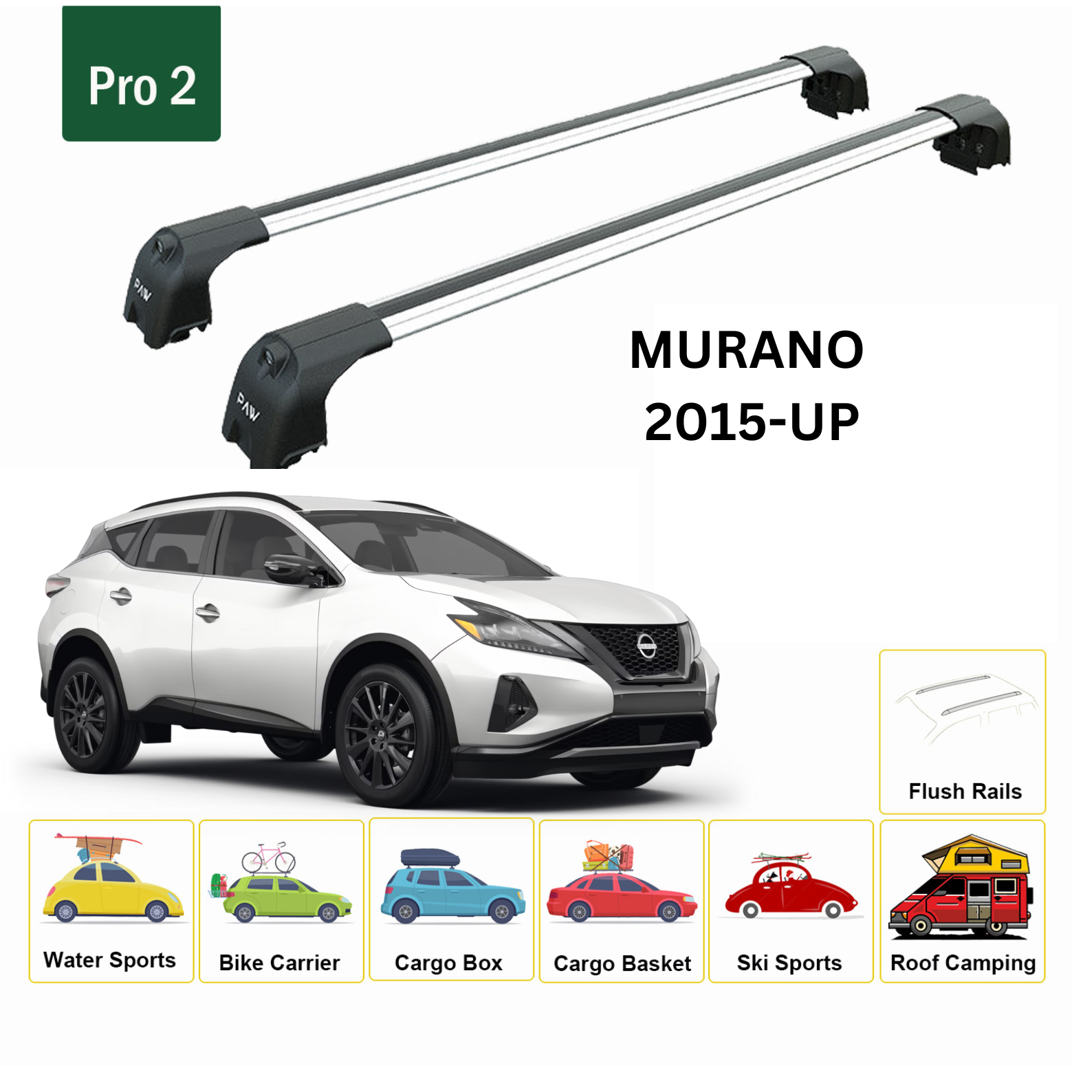 For Nissan Murano 2015-Up Roof Rack Cross Bars Metal Bracket Flush Rail Alu Silver