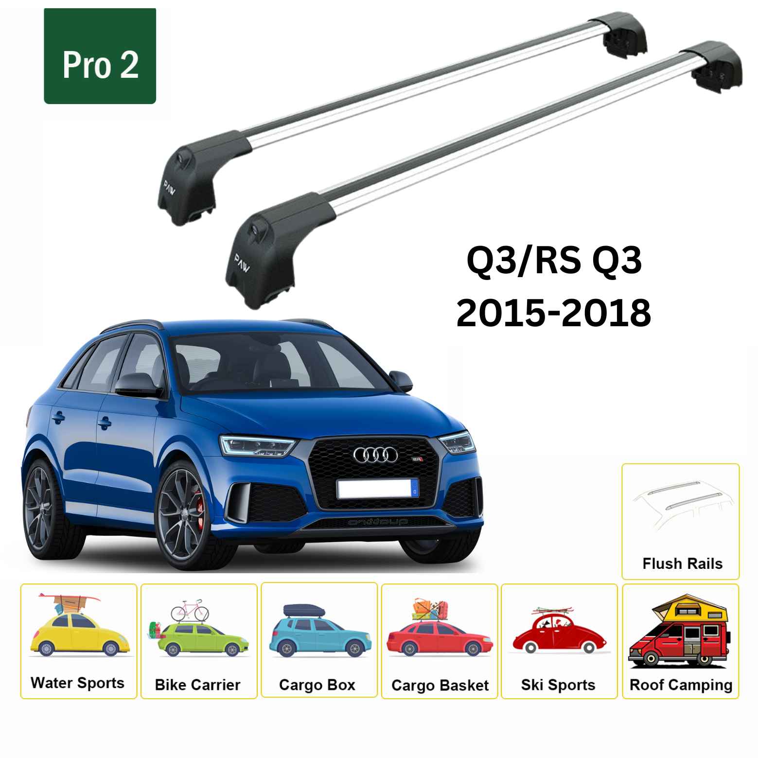 For Audi Q3/RS Q3 (8U) 2015-18 Roof Rack Cross Bars Flush Rails Alu Silver - 0