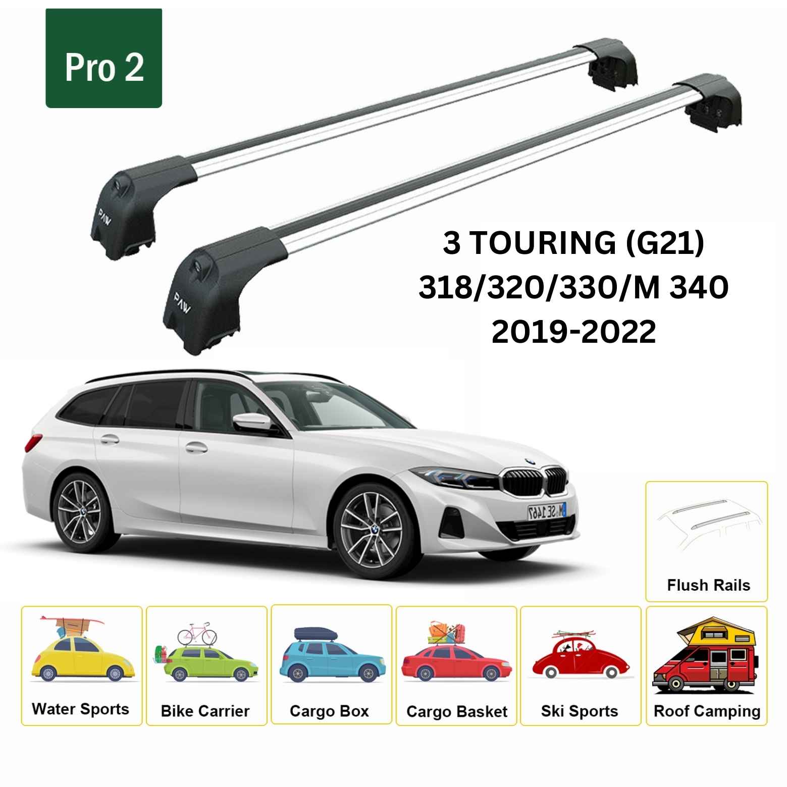 For BMW 3 Touring (G21) 2019-22 Roof Rack Cross Bars Flush Rail Alu Silver