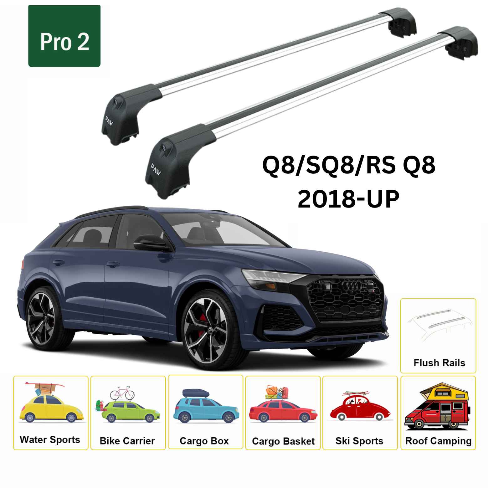 For Audi Q8/SQ8/RS Q8 2019-Up Roof Rack Cross Bars Flush Rails Alu Silver - 0