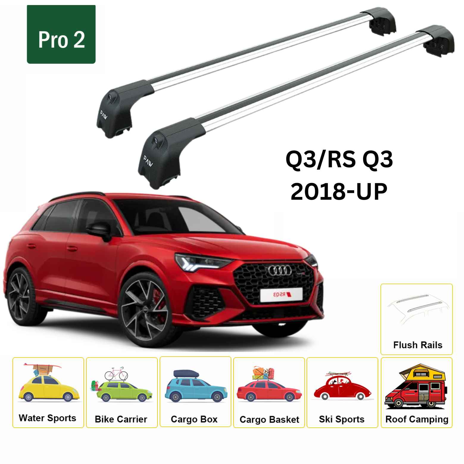 For Audi Q3/RS Q3 (F3) 2018-Up Roof Rack Cross Bars Flush Rails Alu Silver