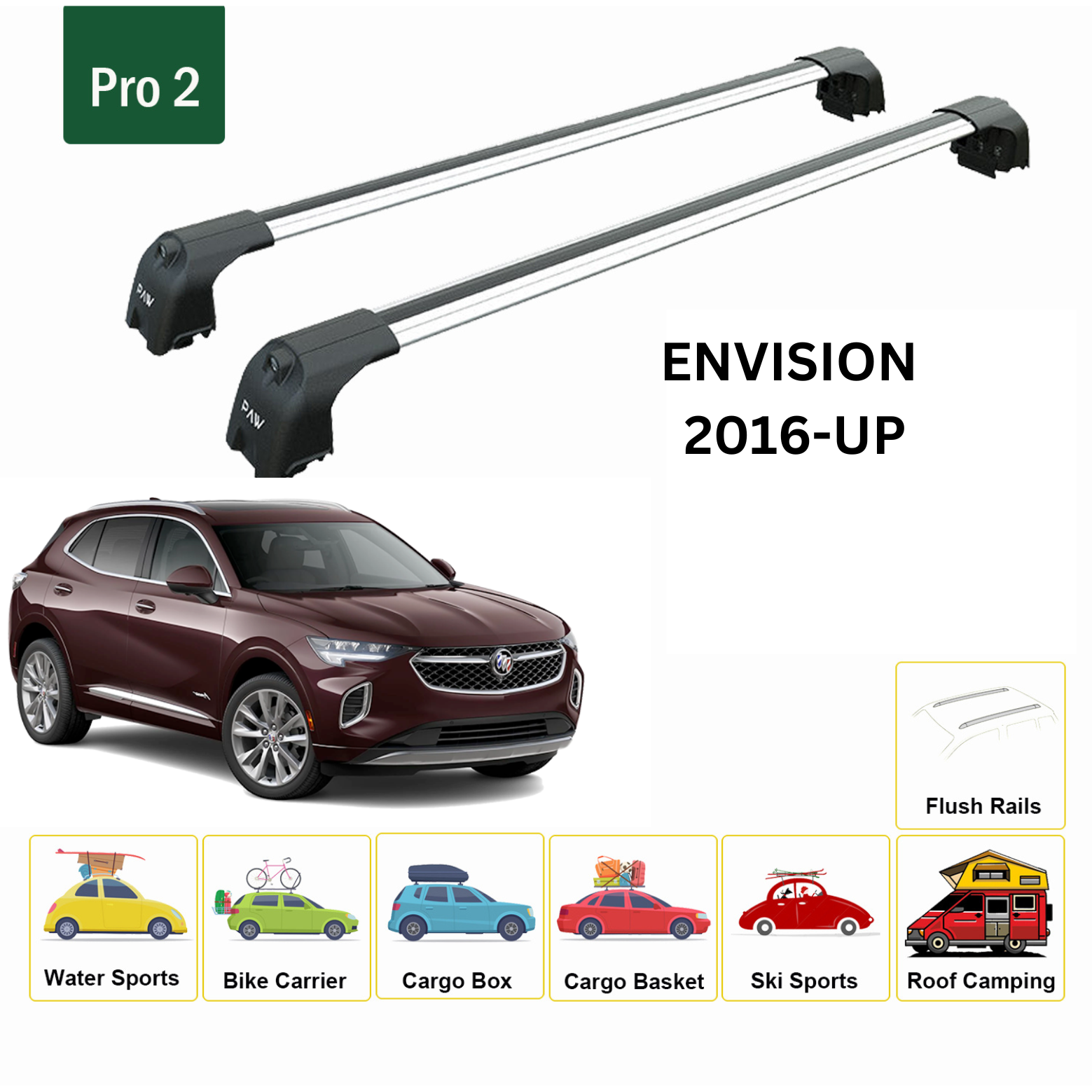For Buick Envision 2016-Up Roof Rack Cross Bars Flush Rails Alu Silver - 0